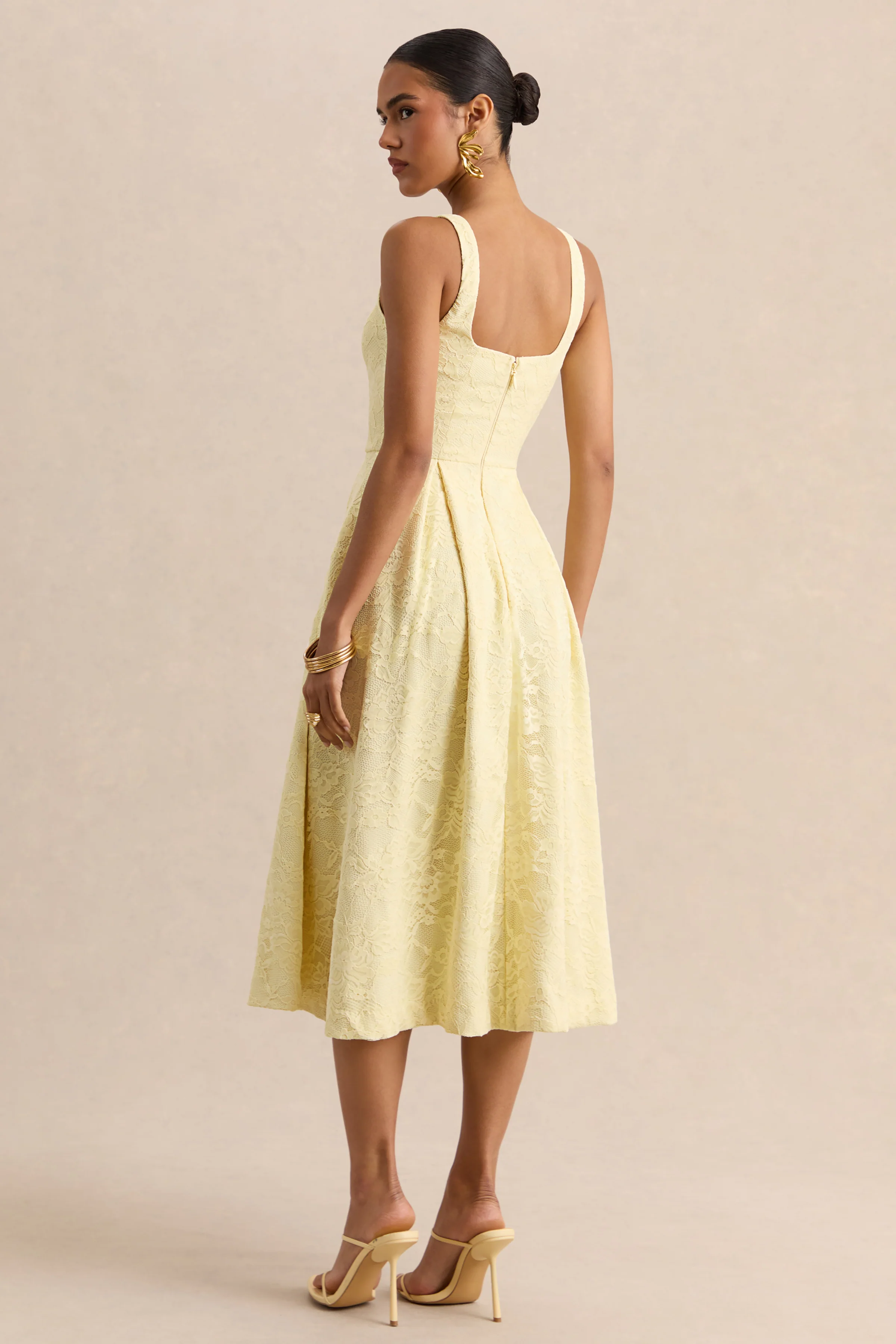 Ashmara | Lemon Lace Square-Neck Midi Dress