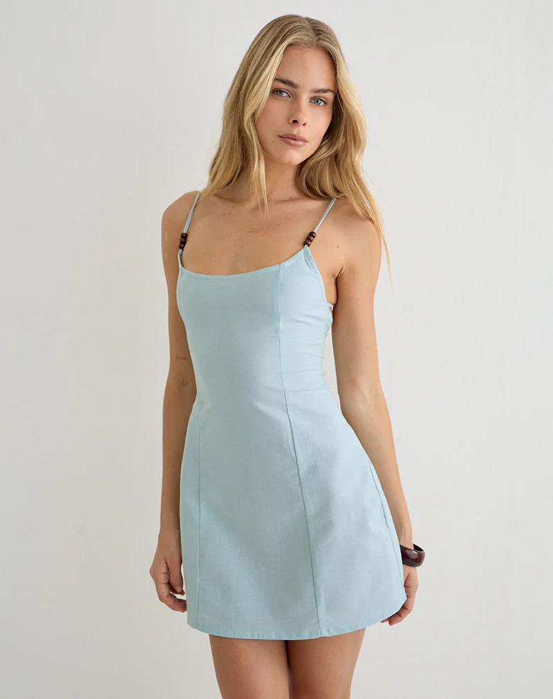 Ambra Scoop Mini Dress in Linen Steel Blue