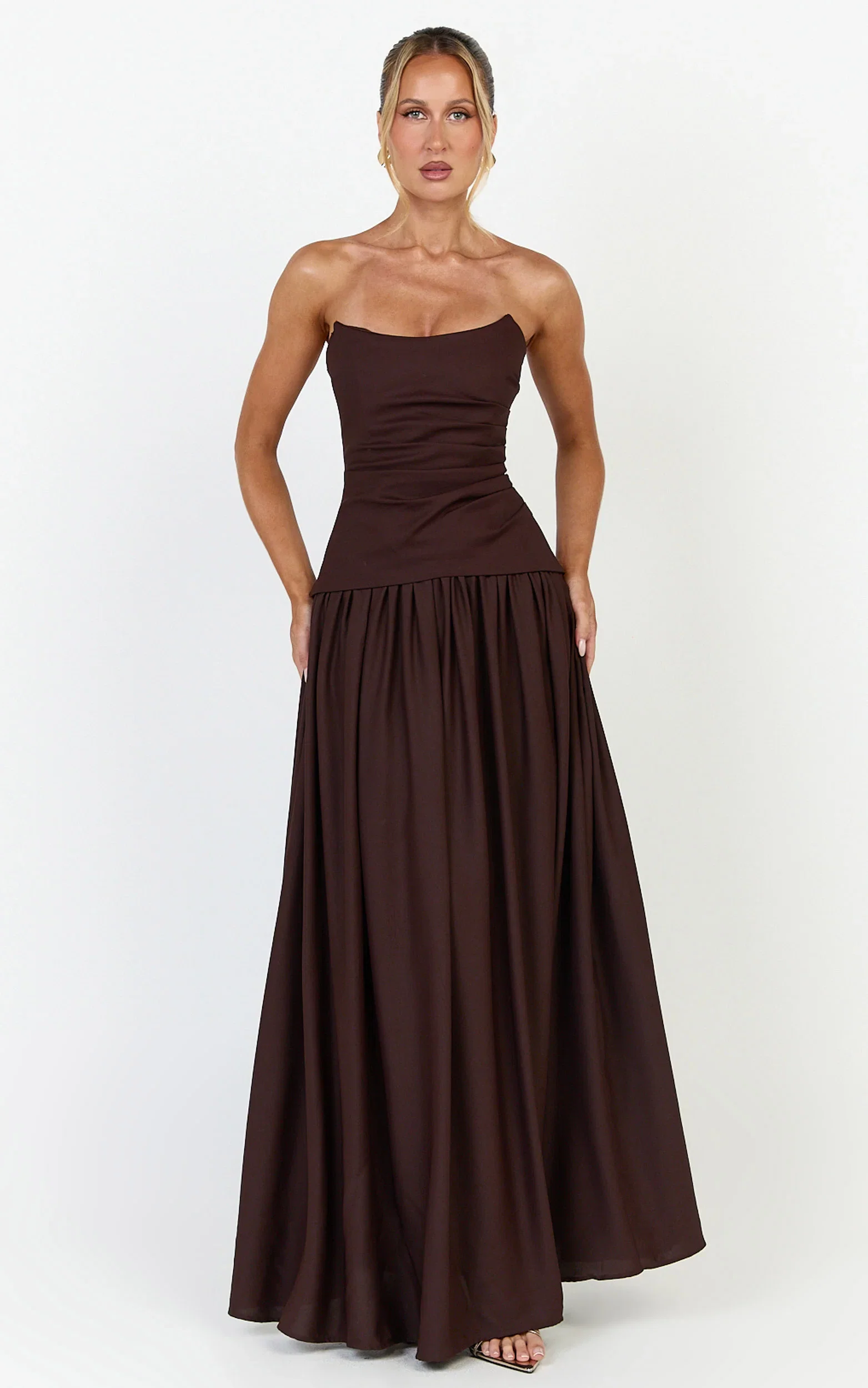 Marlowe Maxi Dress - Strapless Gathered Bodice Fit And Flare Dress in Chocolate
