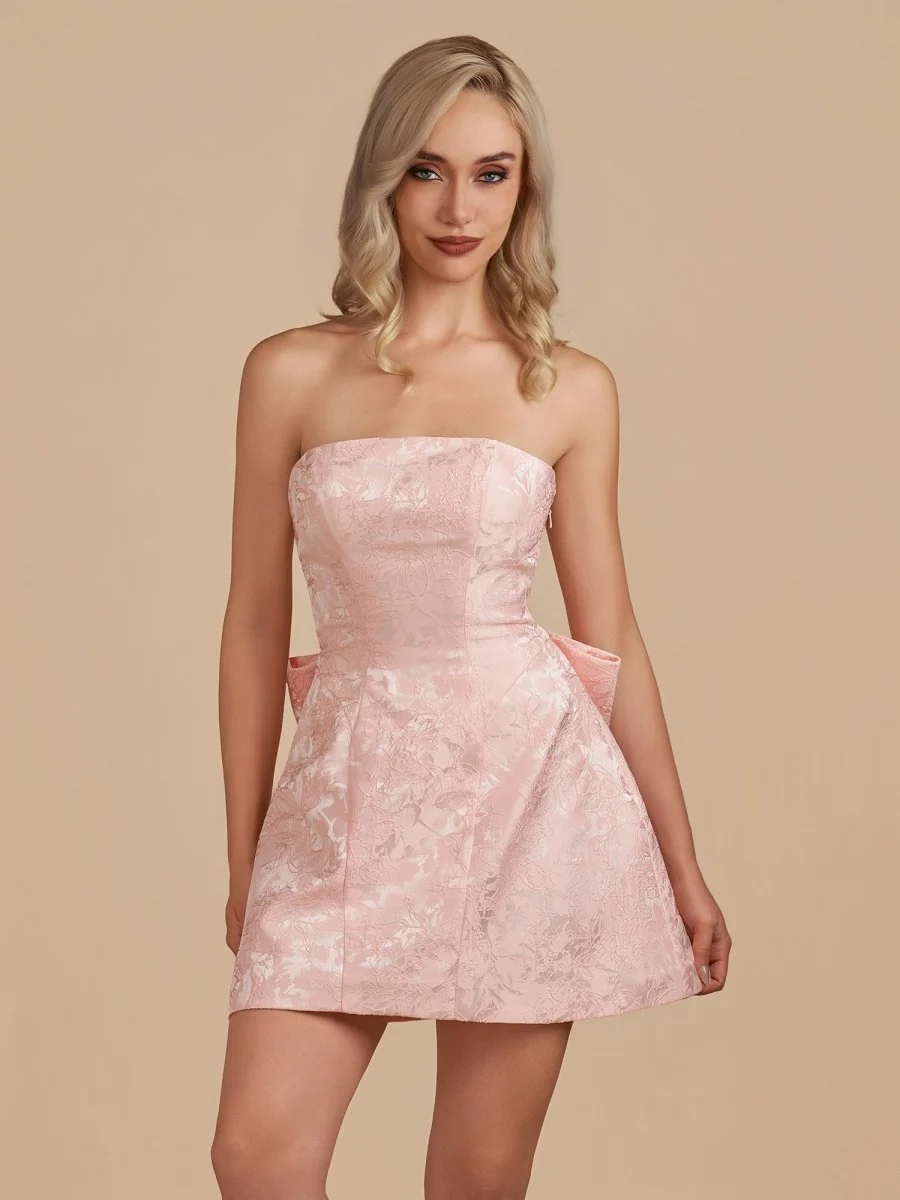 Sky Blue Strapless Jacquard A Line Homecoming Dress With Bowknot