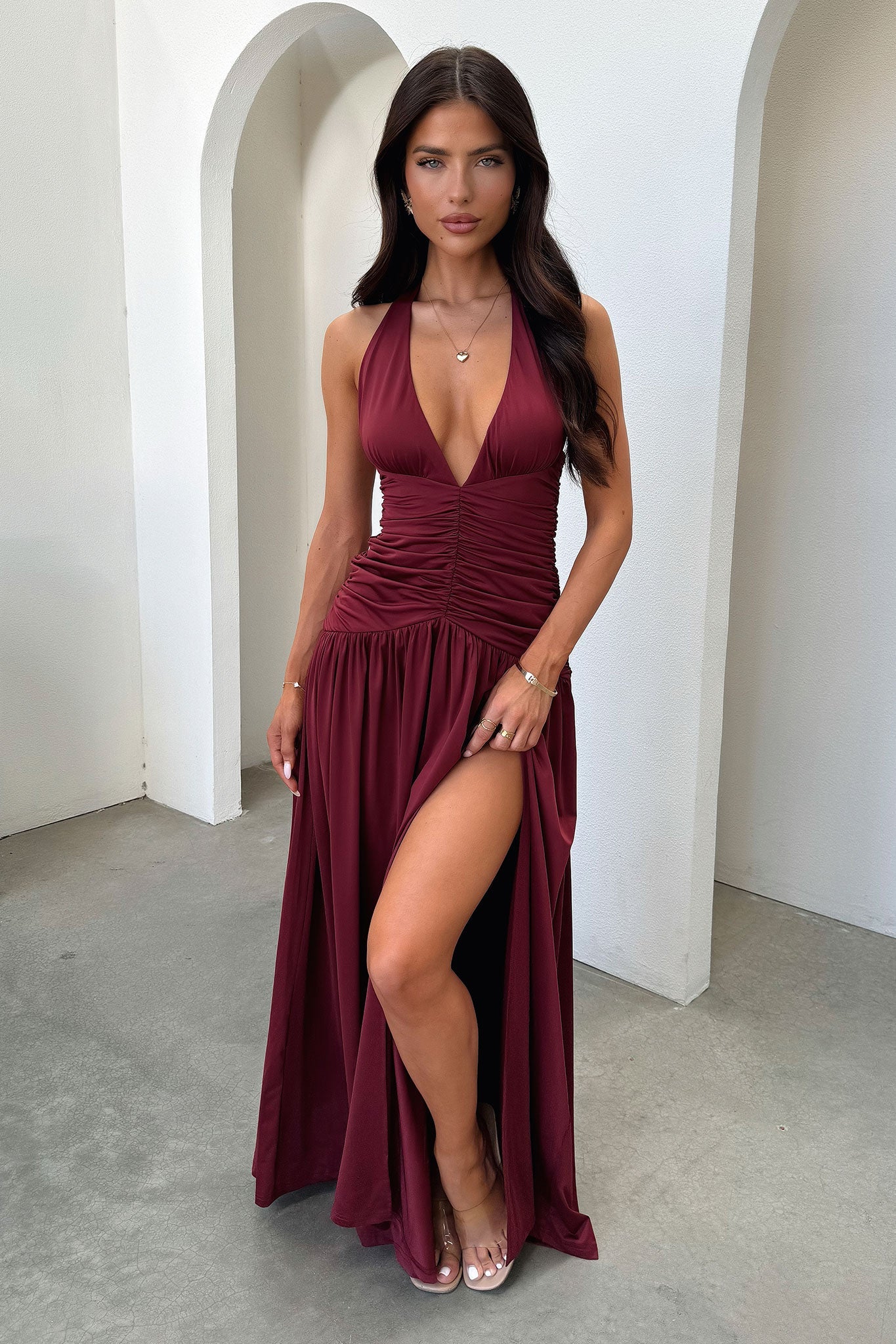 Ginevra Ruched Halter Maxi Dress - Burgundy