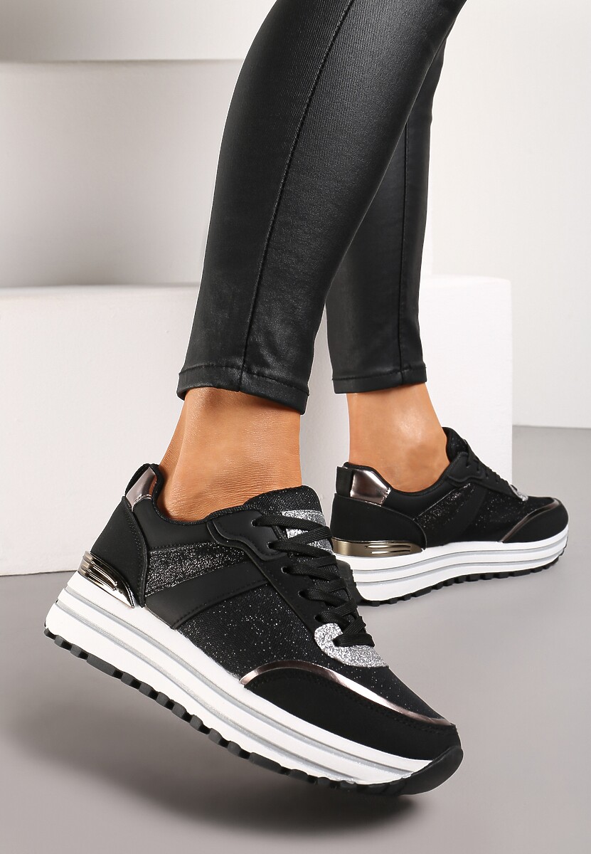 Czarne Sneakersy z Brokatem na Ozdobnej Grubej Podeszwie Rilveia