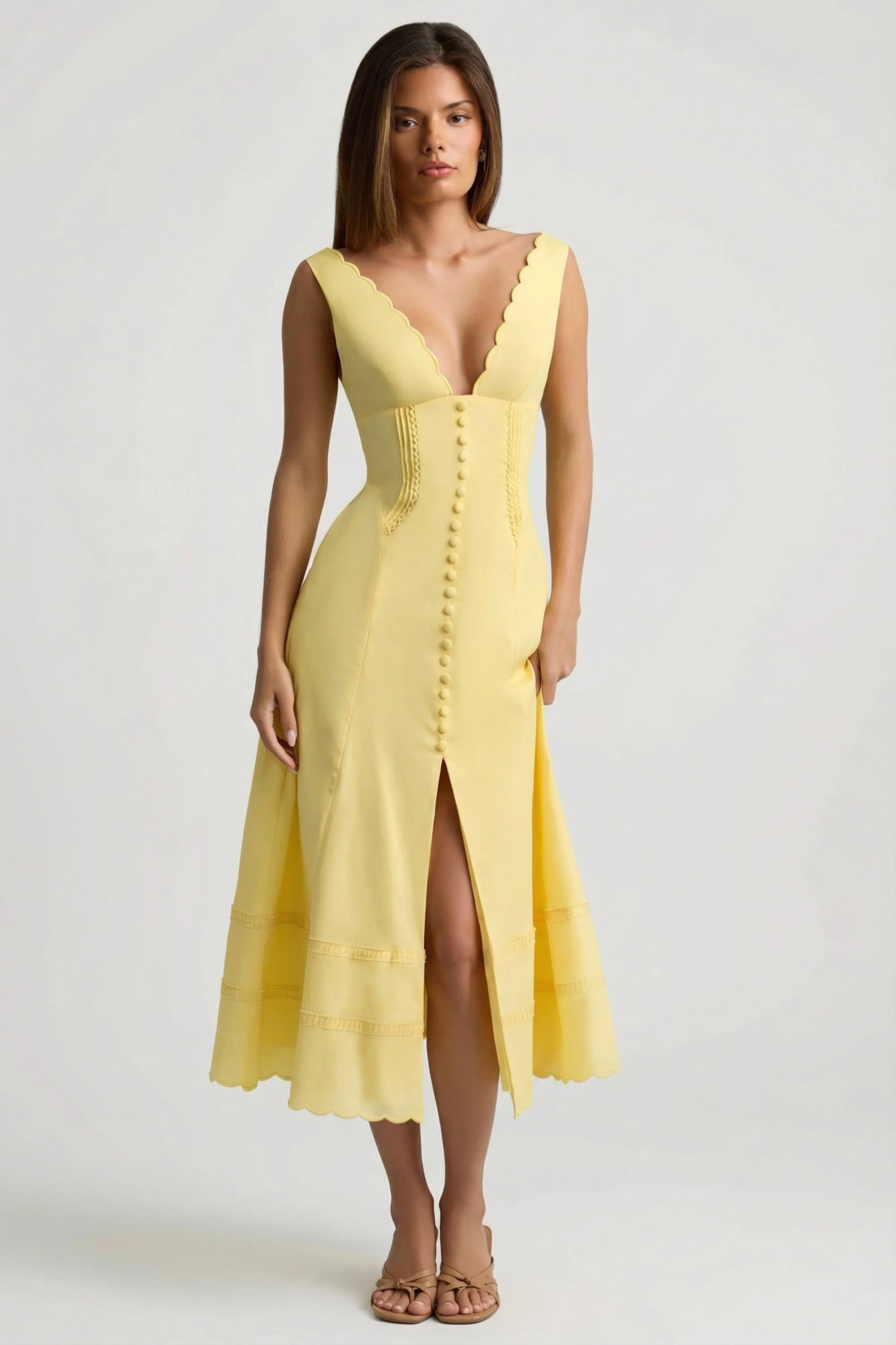 Cotton-Poplin A-Line Midaxi Dress in Pastel Yellow