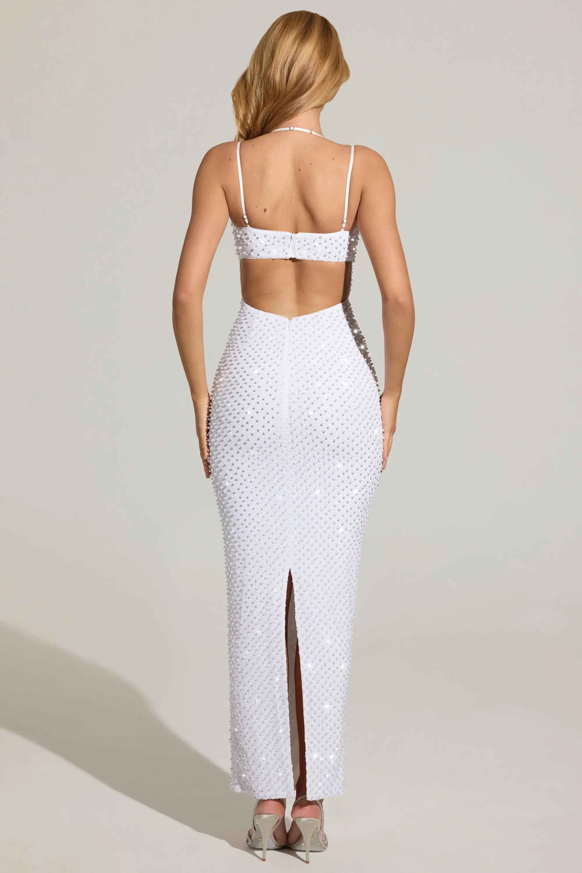 Embellished Cowl-Neck Maxi Dress in White