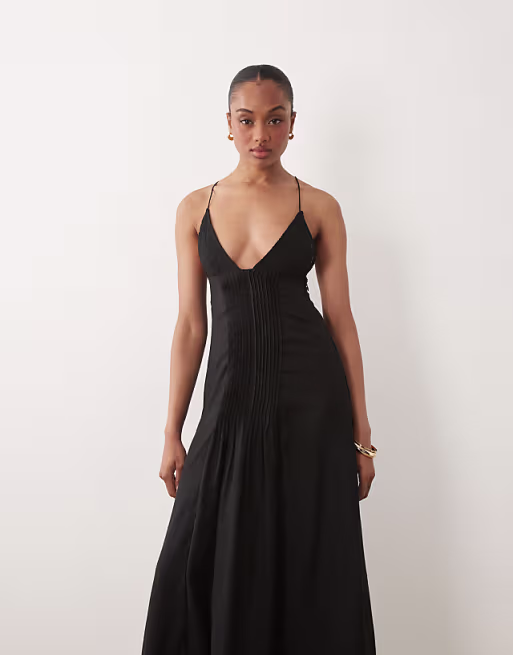 Genie lace pleated midaxi sundress in black