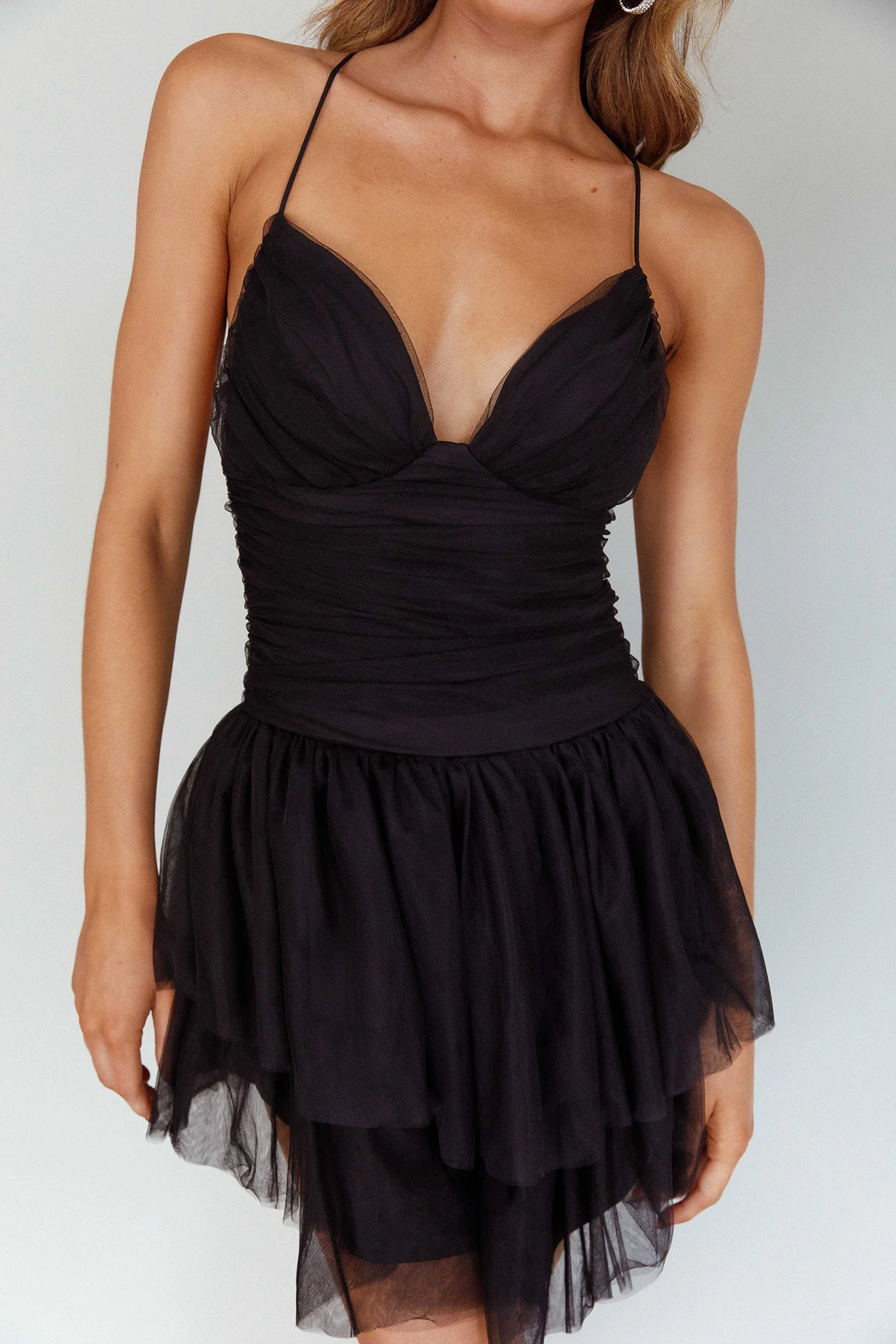 Nightingale Ruched Mesh Mini Dress Black - luluinthesky