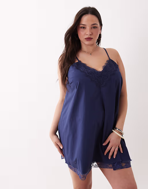Curve cami V-neck mini sundress with lace overlay in navy