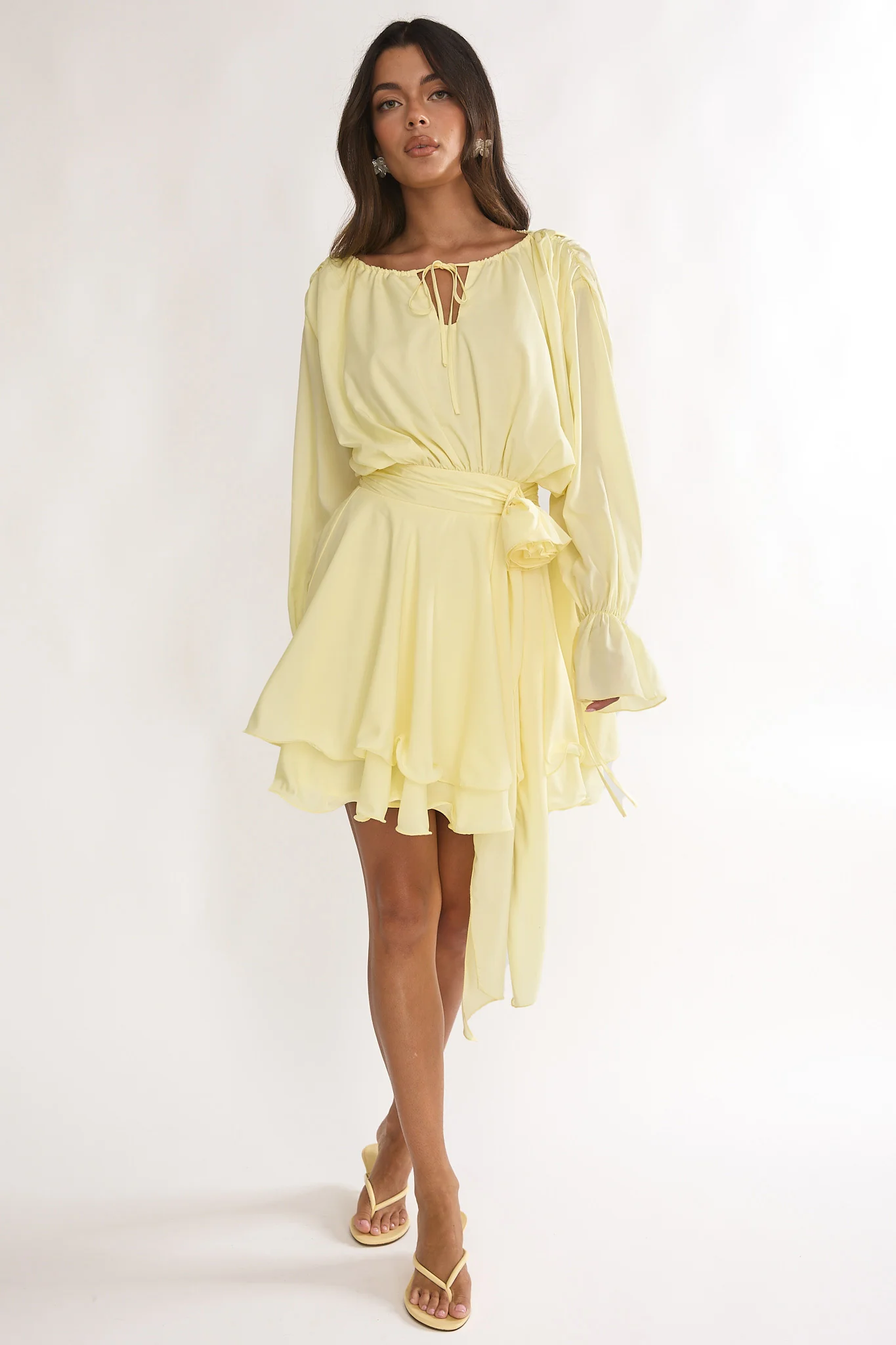 Maeva Long Balloon Sleeve Rosette Mini Dress Lemon - luluinthesky