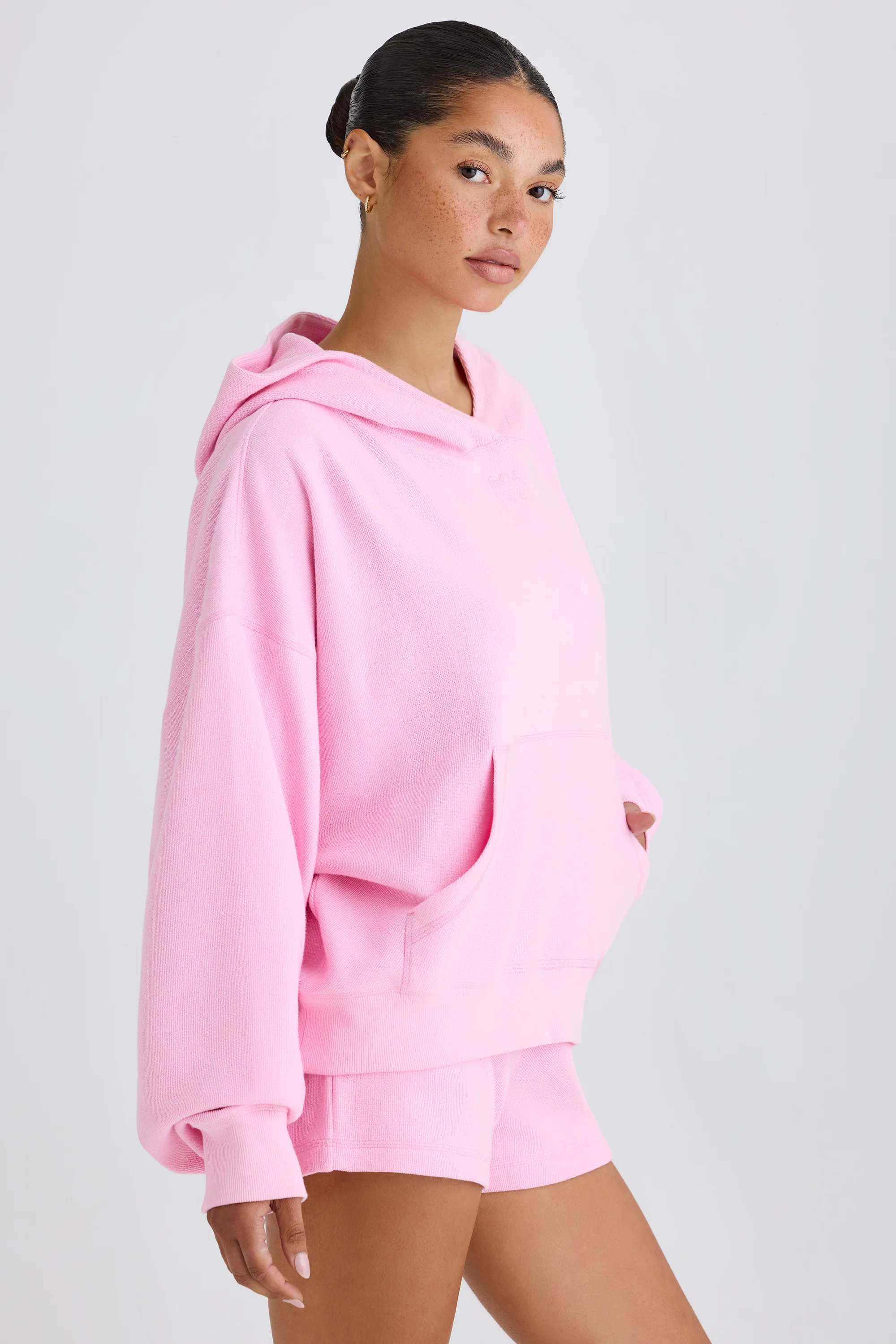Textured Cotton Jersey Graphic Print Hoodie in Bubblegum Pink