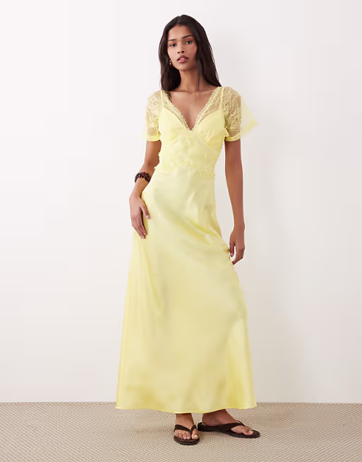 v neck satin maxi dress with lace detail in soft yellow