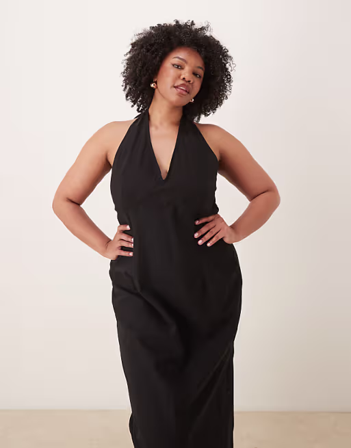 Curve cotton linen blend halter neck midi sundress with sculpted bust in black