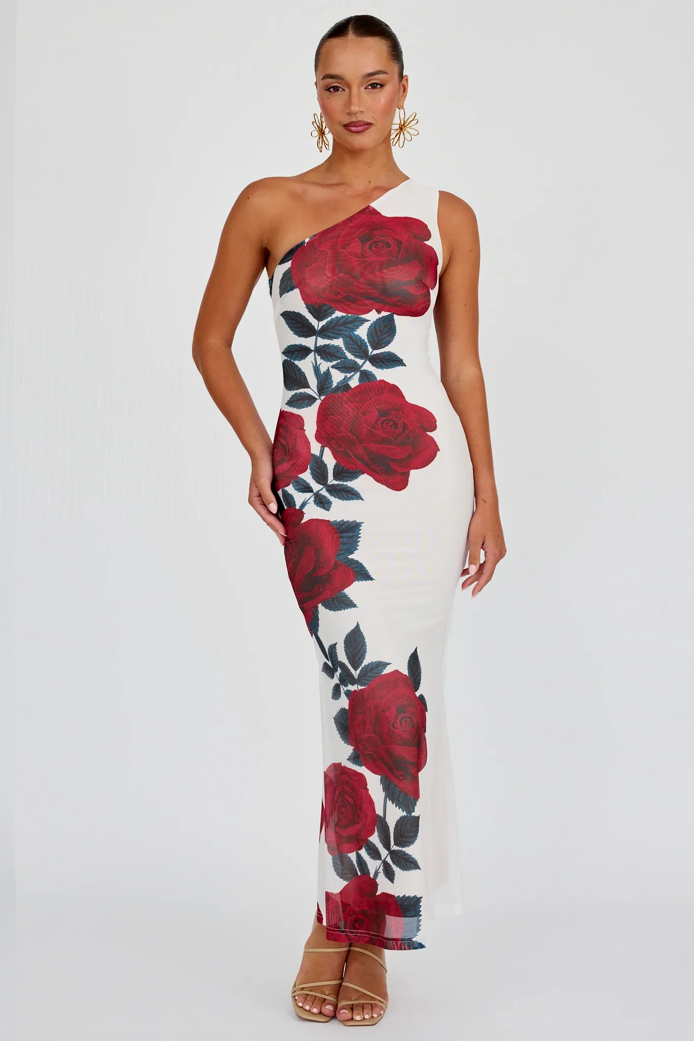 Desiree One Shoulder Mesh Maxi Dress Rose