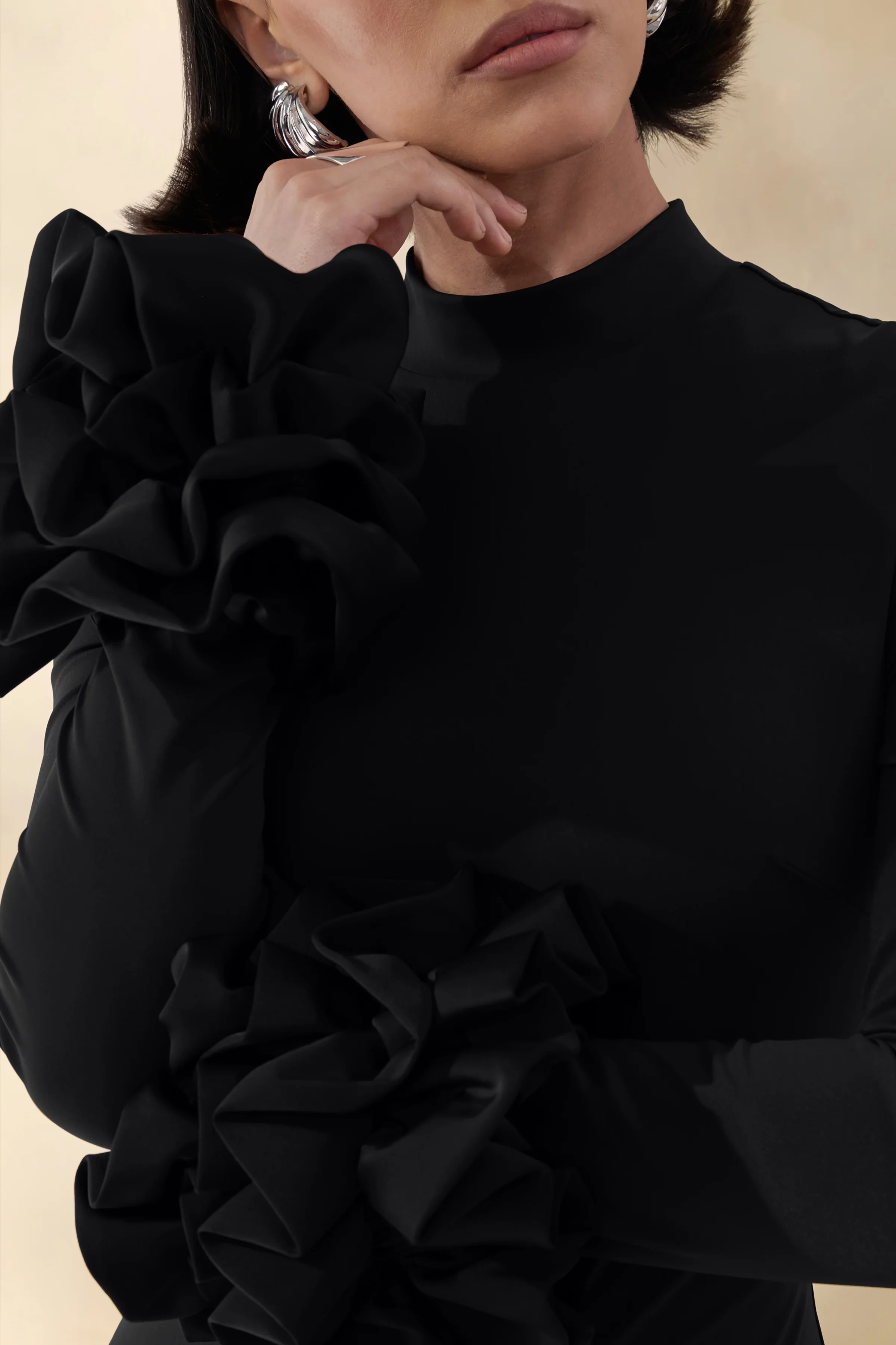 Jaselle | Black High-Neck Maxi Dress With Ruffled Satin-Cuffs