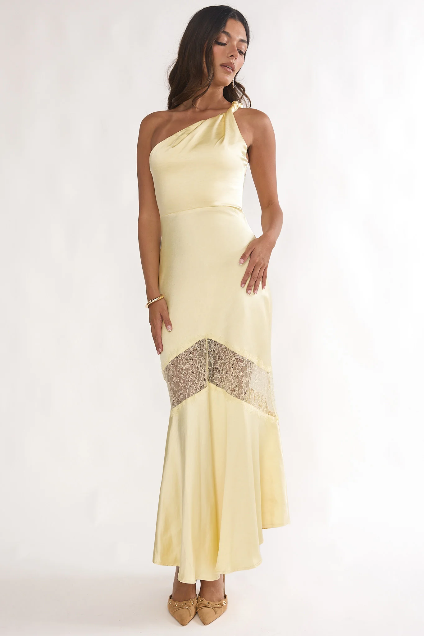 Avielle Lace Trim One-Shoulder Maxi Dress Butter - luluinthesky