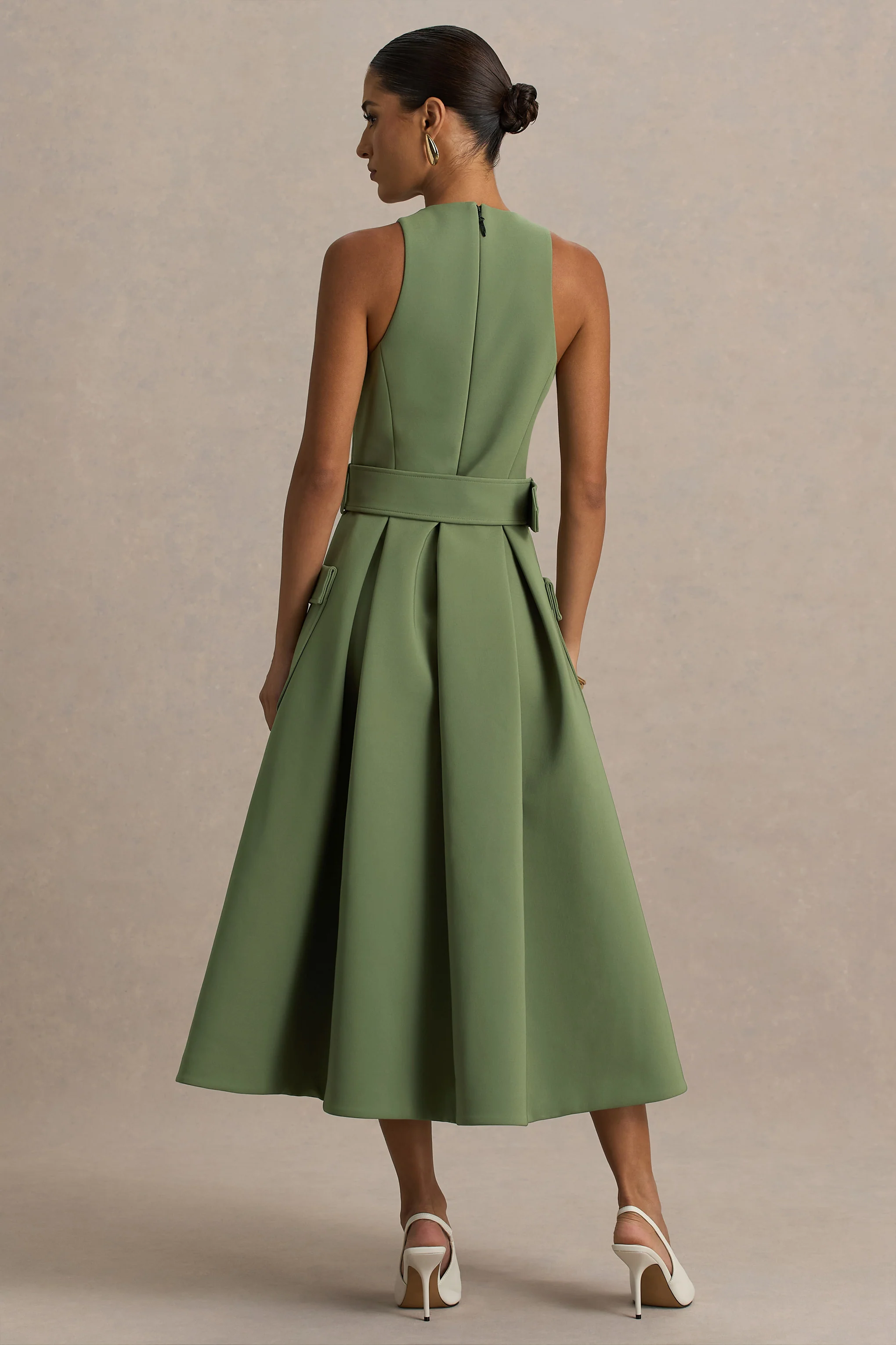 Elisia | Olive Crew-Neck Belted Midi Dress