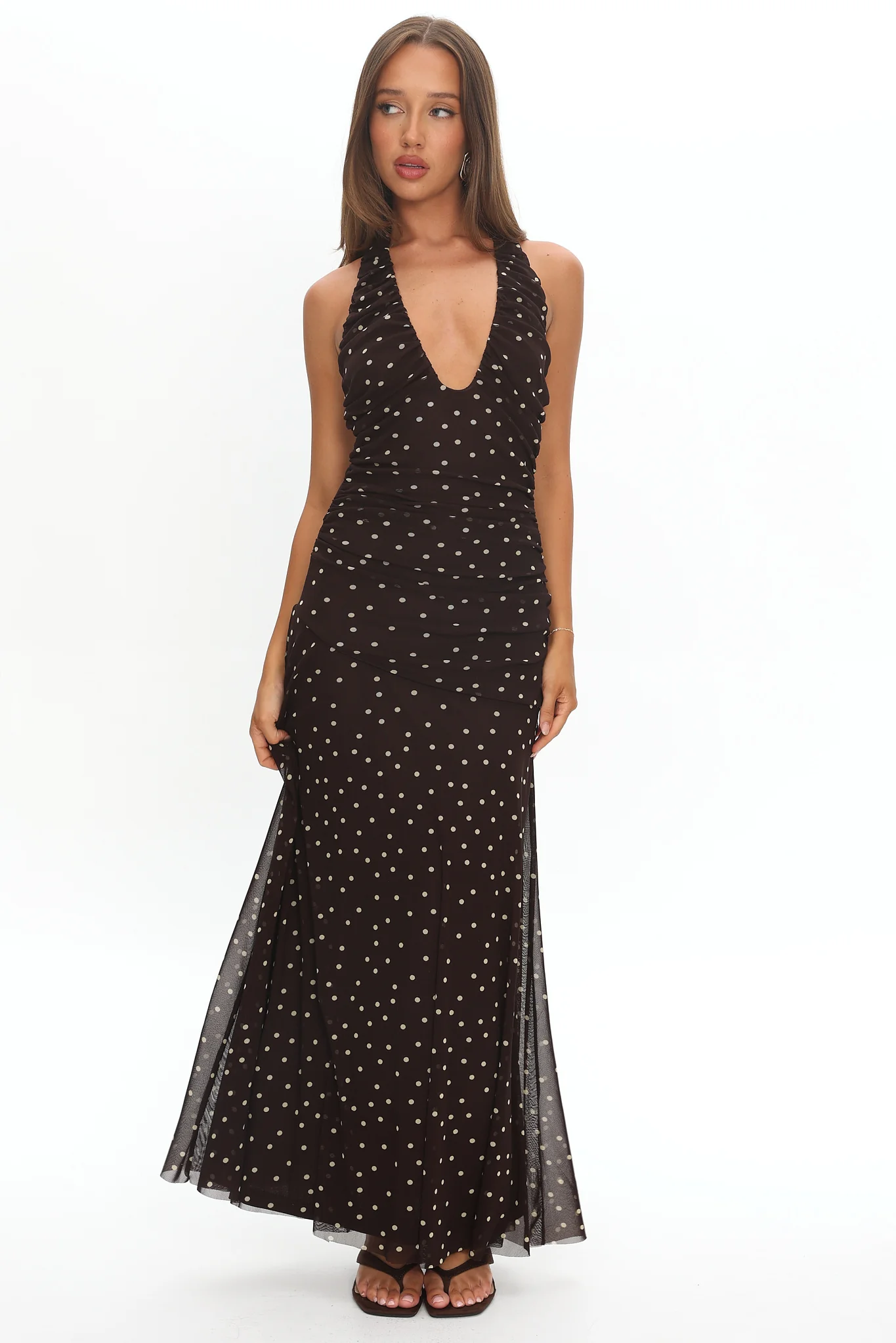 She's The Moment Plunging Halter Maxi Dress Polka Dot Brown