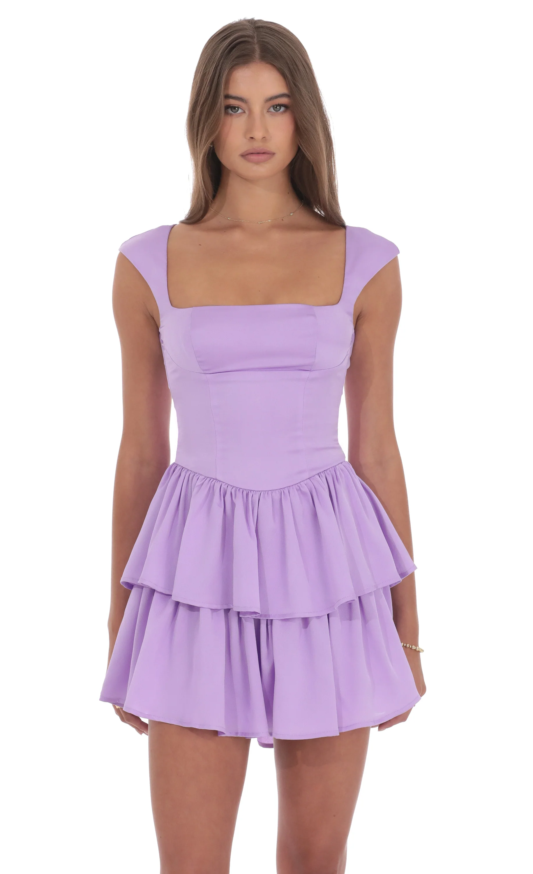 Satin Wide Strap Ruffle Dress in Lavender