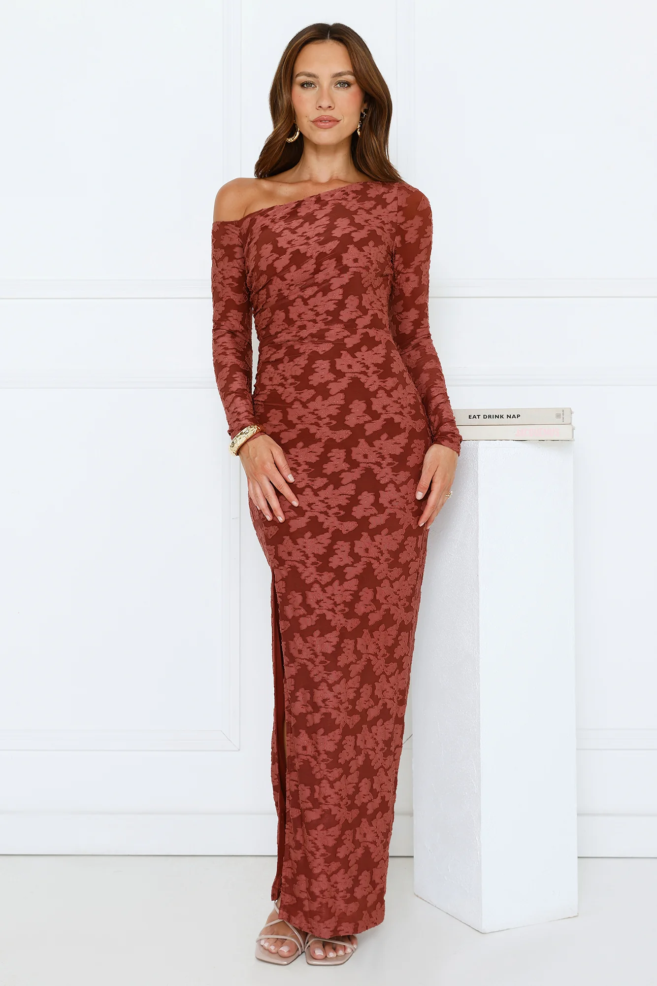 Aurora Lullaby Off Shoulder Maxi Dress Rust
