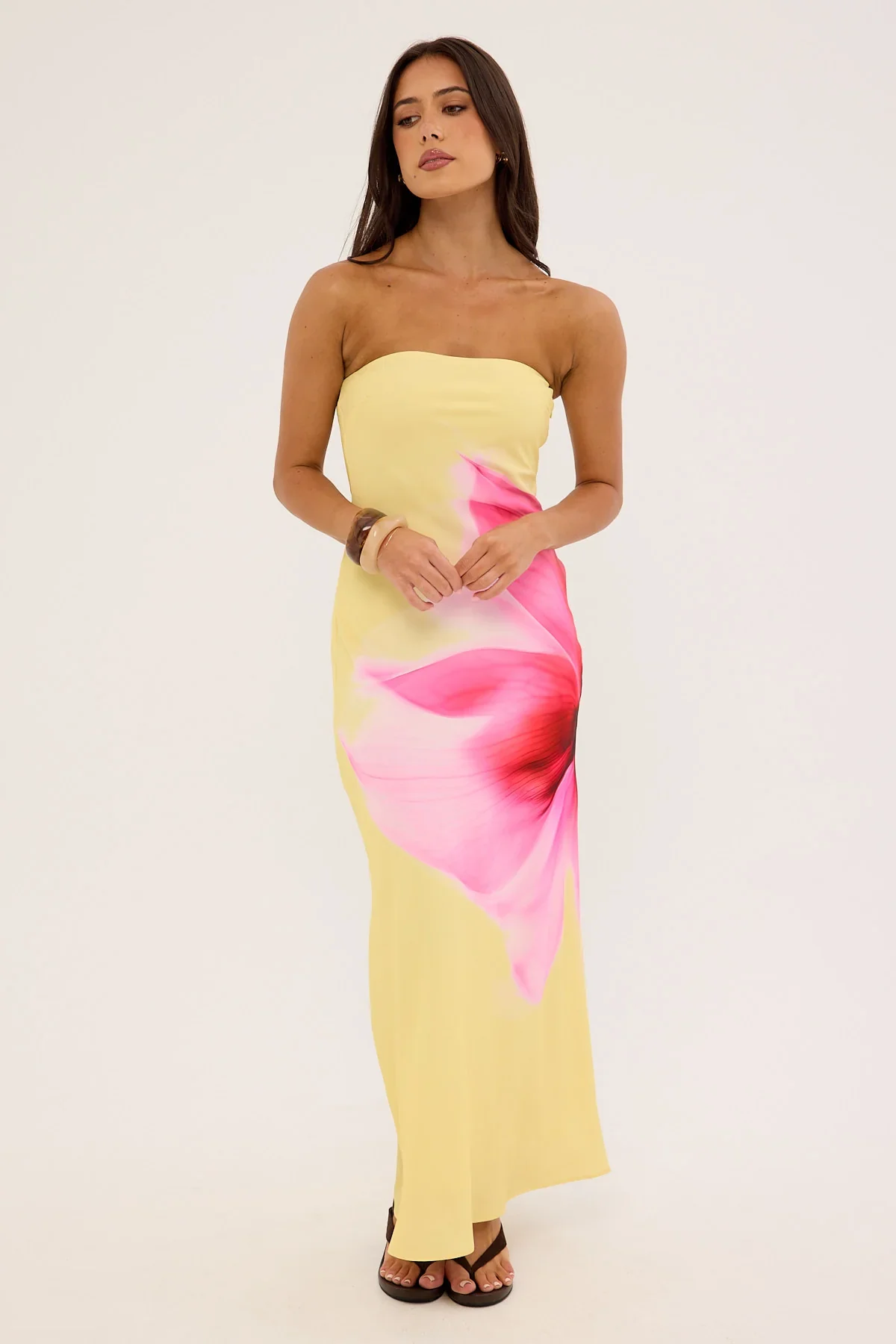 Perfect Stranger Enara Bloom Strapless Maxi Dress Lemon