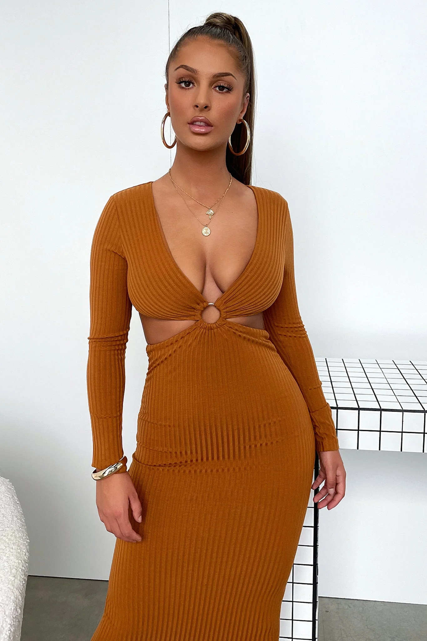 Laska Midi Dress - Rust Brown