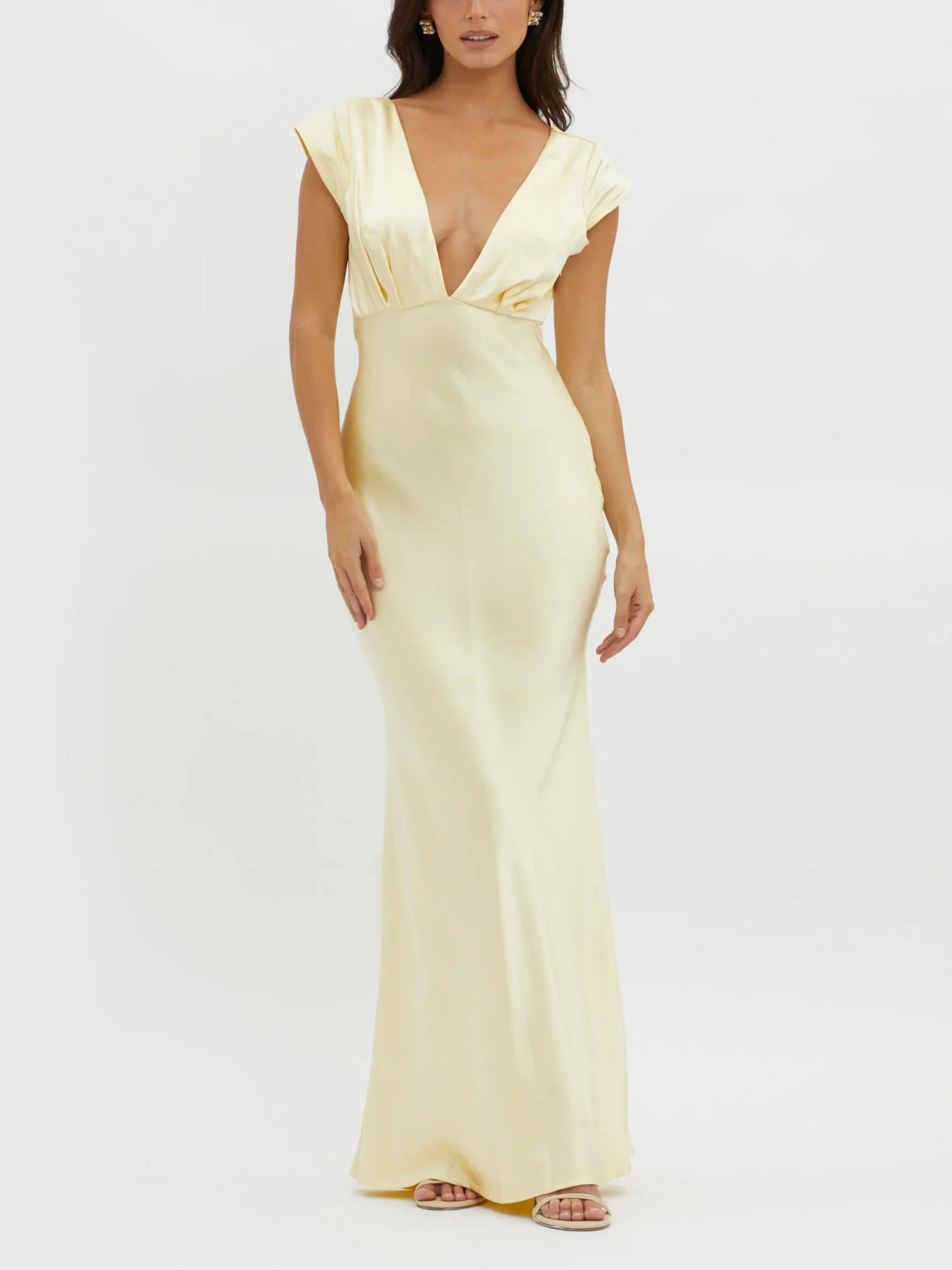 Lemon Cream Plunge Neck Maxi Dress