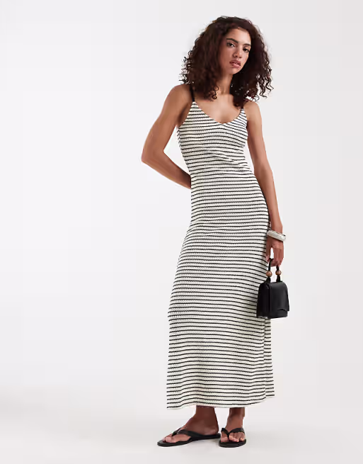 Vero Moda stretch crochet knit cami maxi dress in black and cream stripe