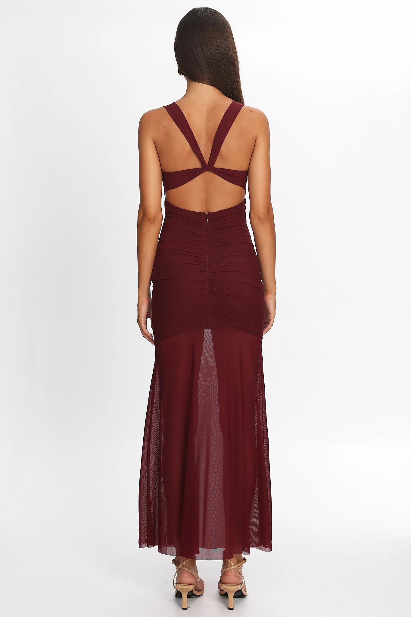 Sade Sheer Panel Ruched Maxi Dress Wine - luluinthesky