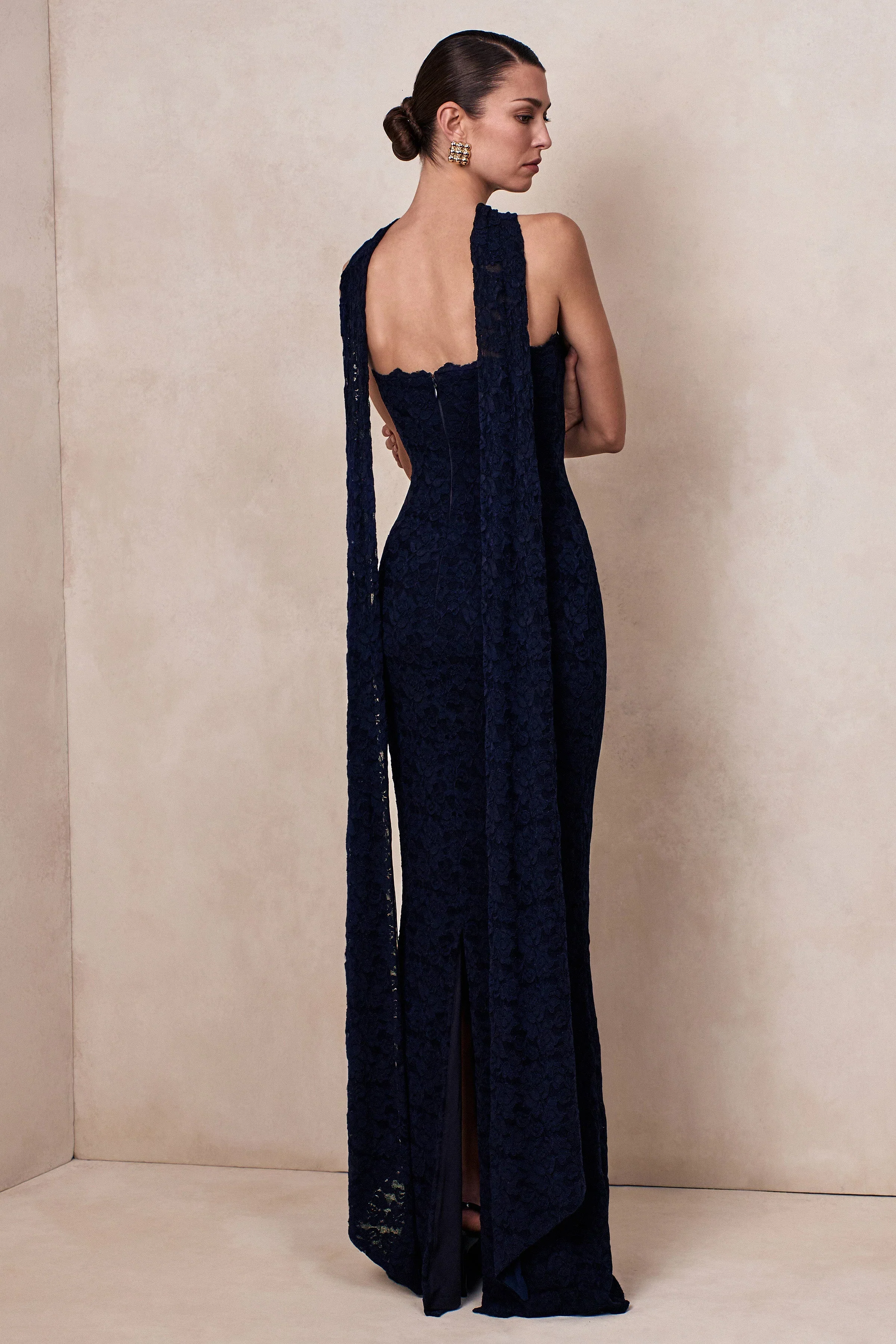 Massima | Navy Lace Bandeau Maxi Dress With Scarf-Detail