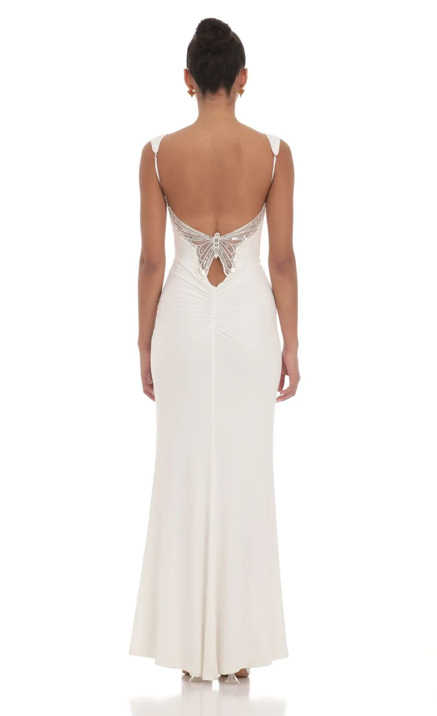 Back Sequin Butterfly Maxi Dress in White