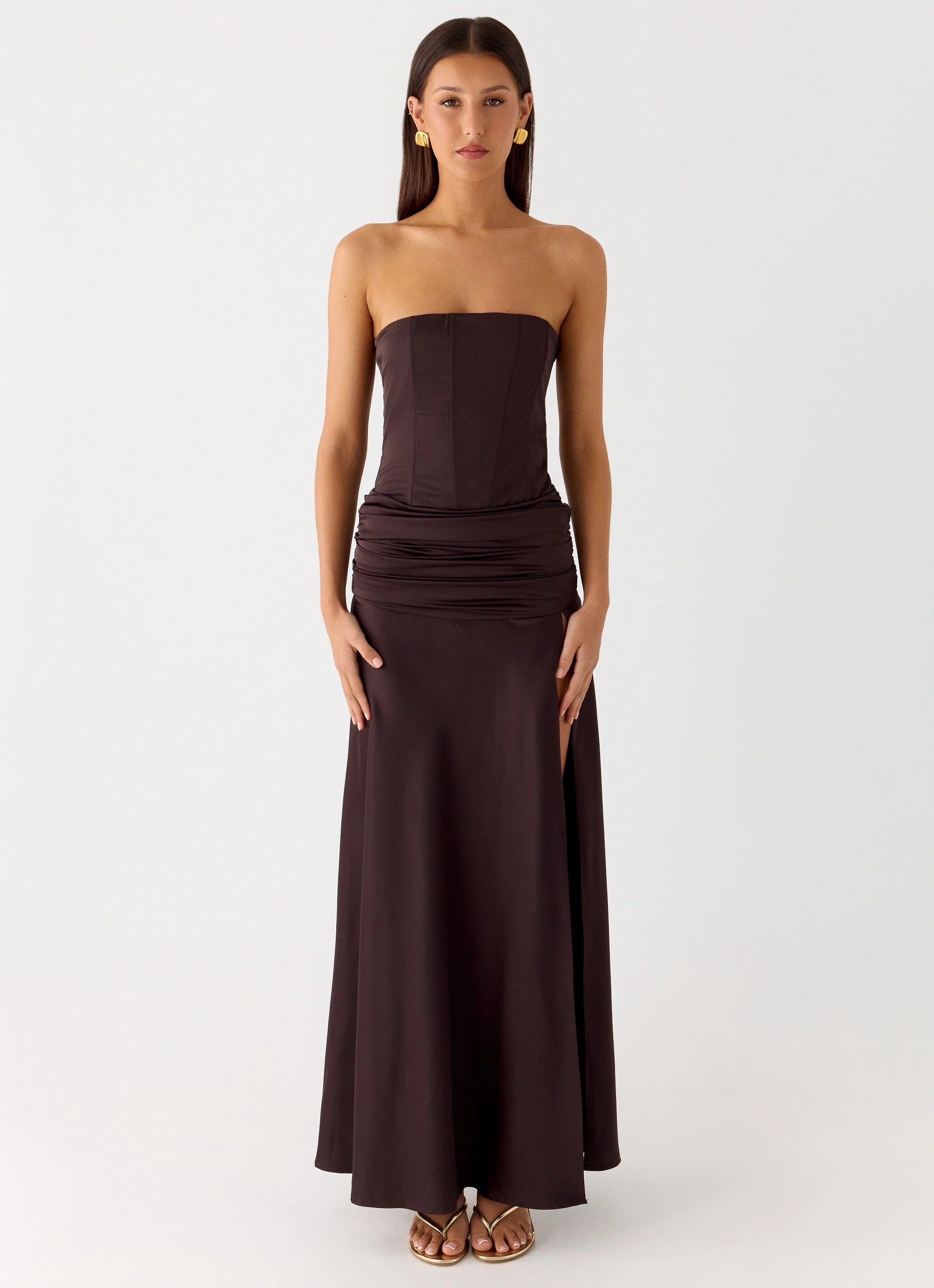 Darana Corset Satin Maxi Dress - Chocolate