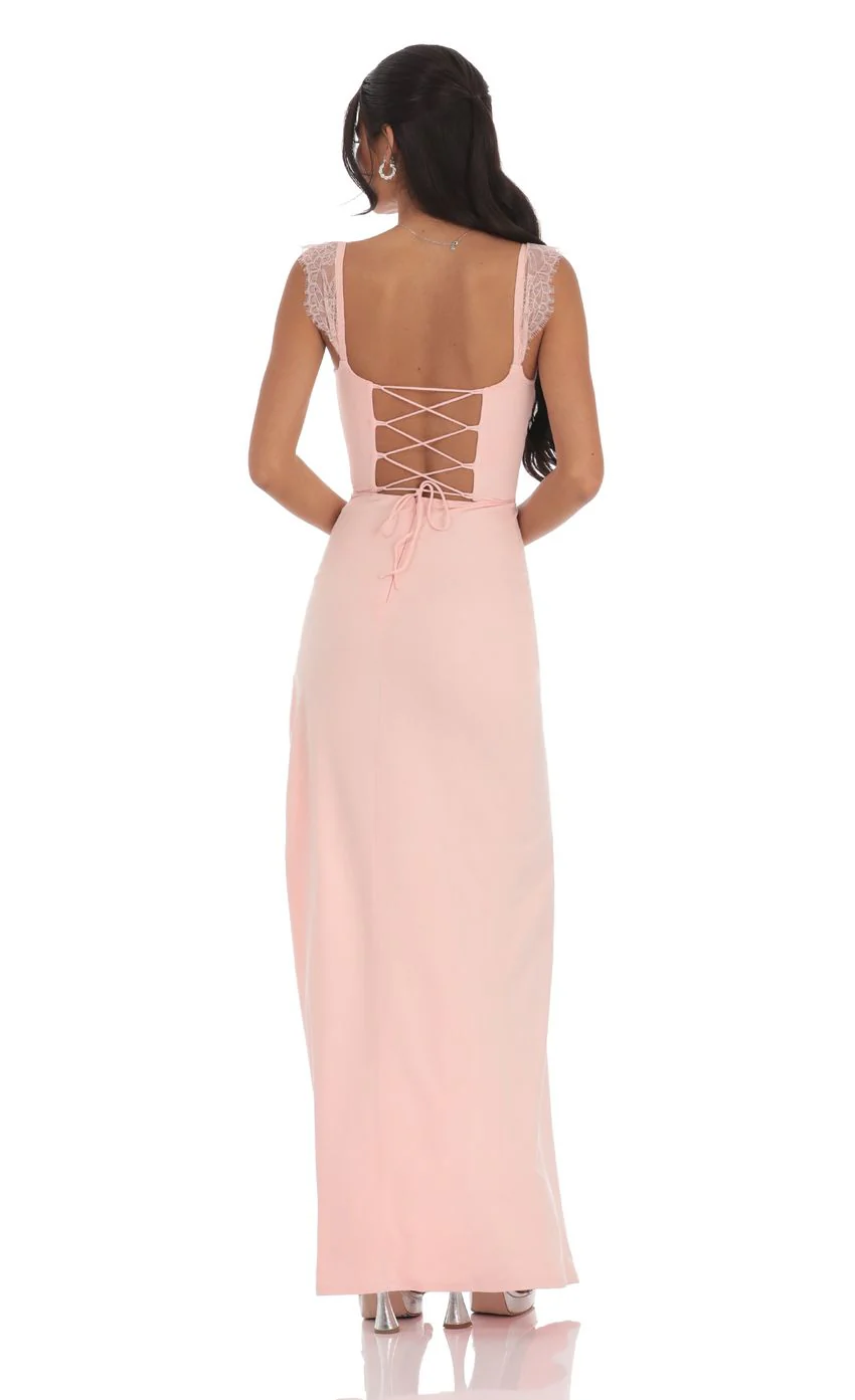 Suede Draped Lace Maxi Dress in Pink - luluinthesky