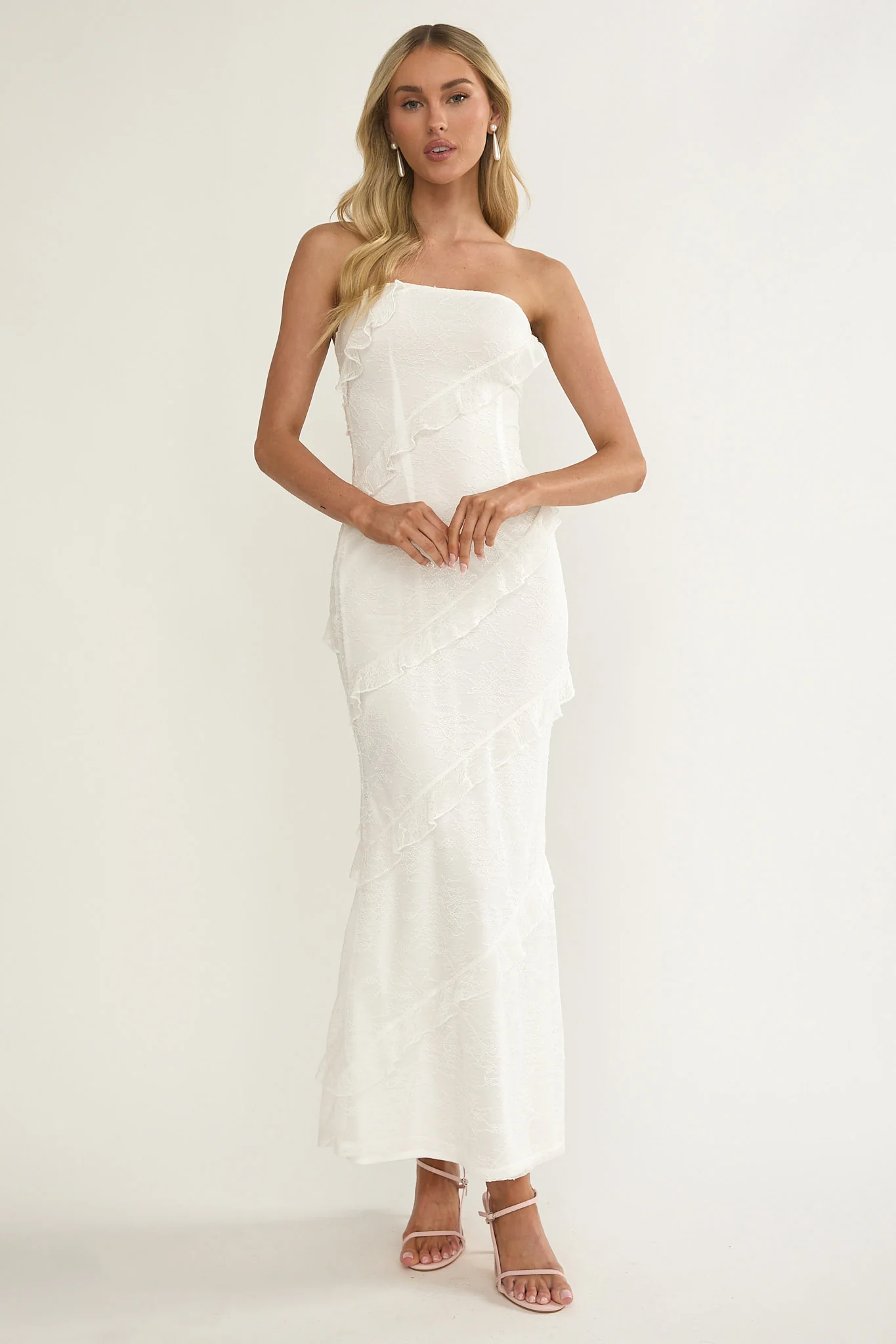 Metrics Strapless Frill Maxi Dress White