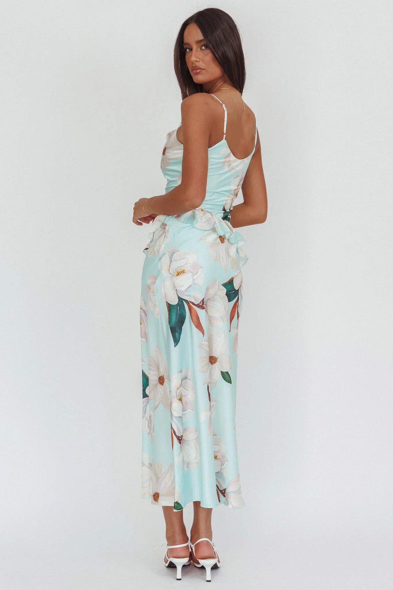 Sunshine Eternity Asymmetric Neckline Ruffle Maxi Dress Floral Mint