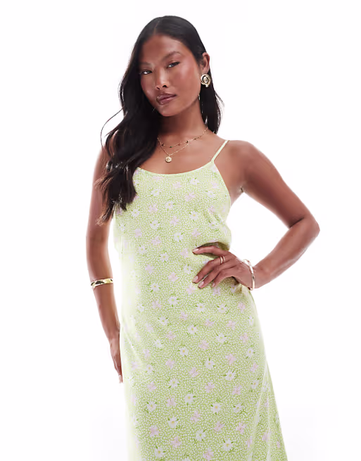 Miss Selfridge Petite strappy scoop neck maxi slip dress in green floral