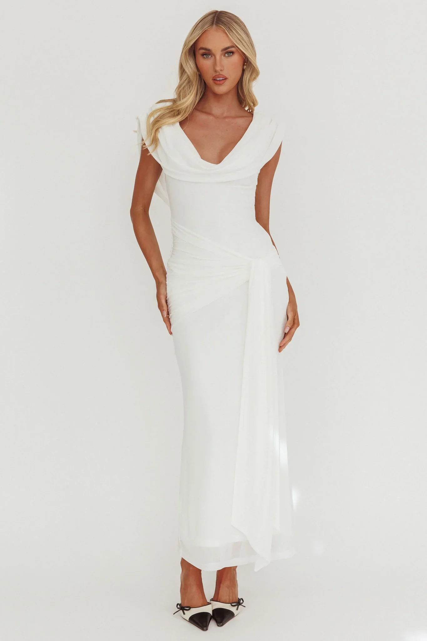 Virgo Season Draped Shoulder Maxi Dress White
