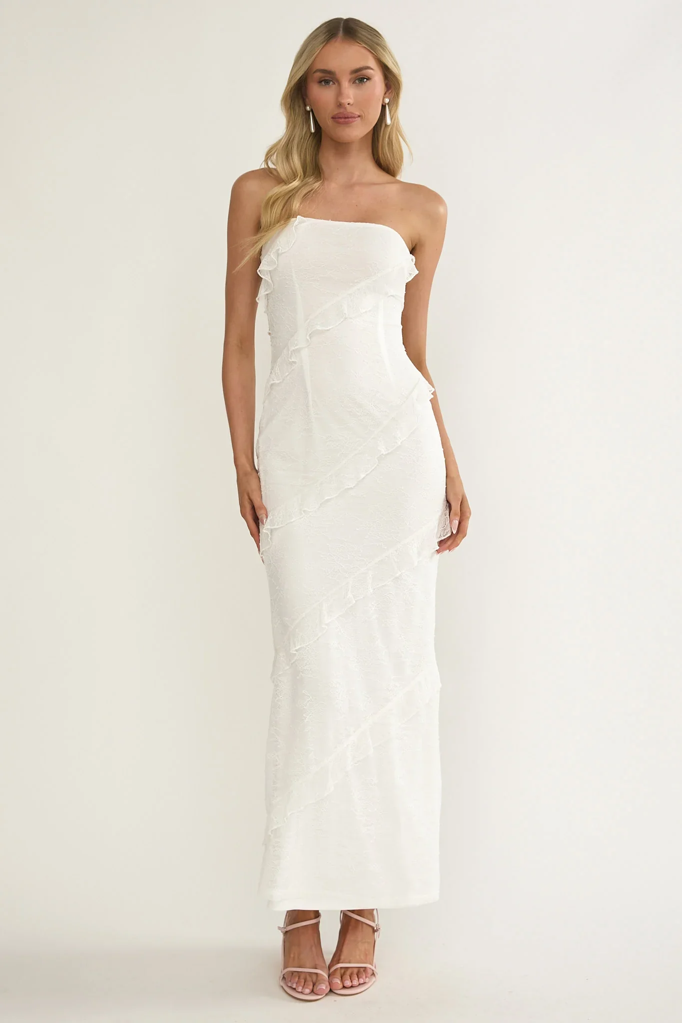 Metrics Strapless Frill Maxi Dress White