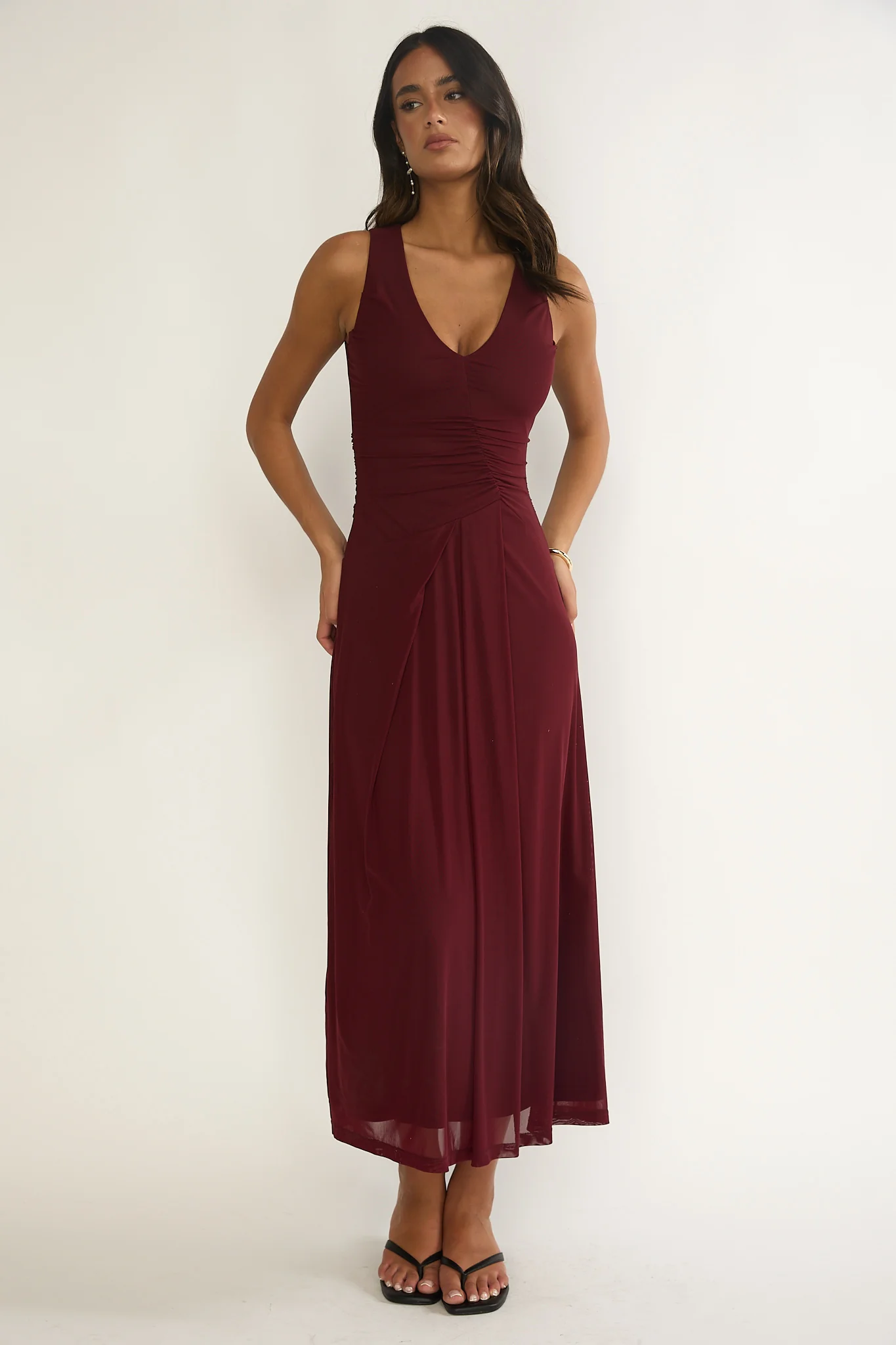 Cambrea Ruched Bodice Midi Dress Burgundy