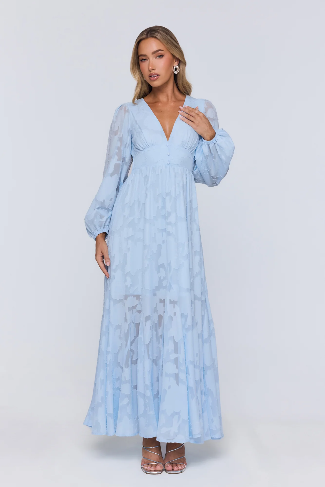 Glow Blossom Long Sleeve Maxi Dress Blue