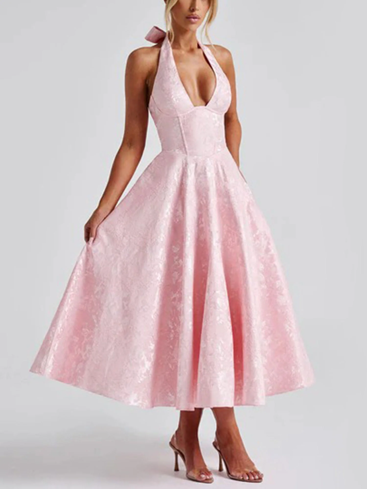 Pink Halter Flared Midi Dress