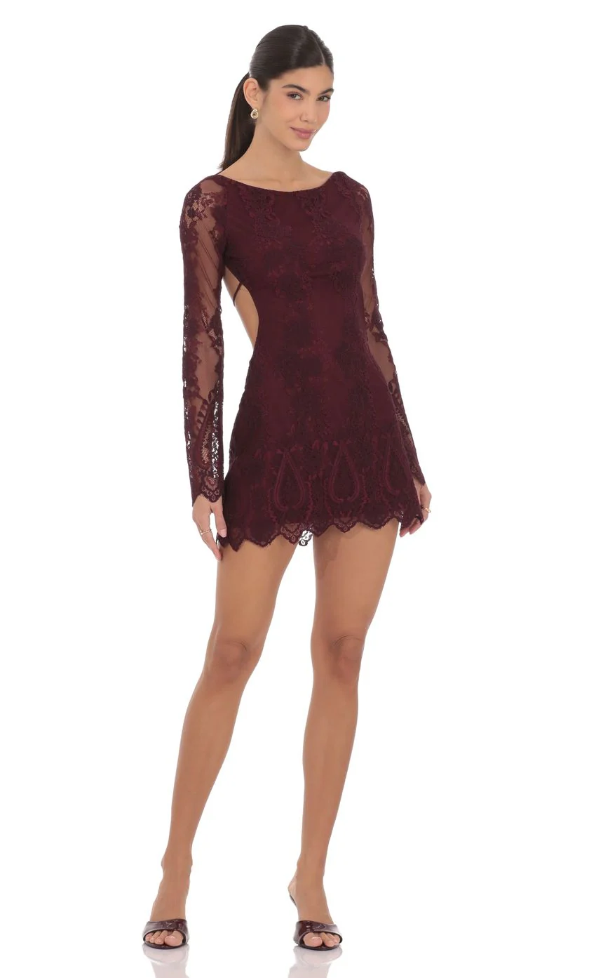 Lace Open Back Long Sleeve Dress in Burgundy - luluinthesky