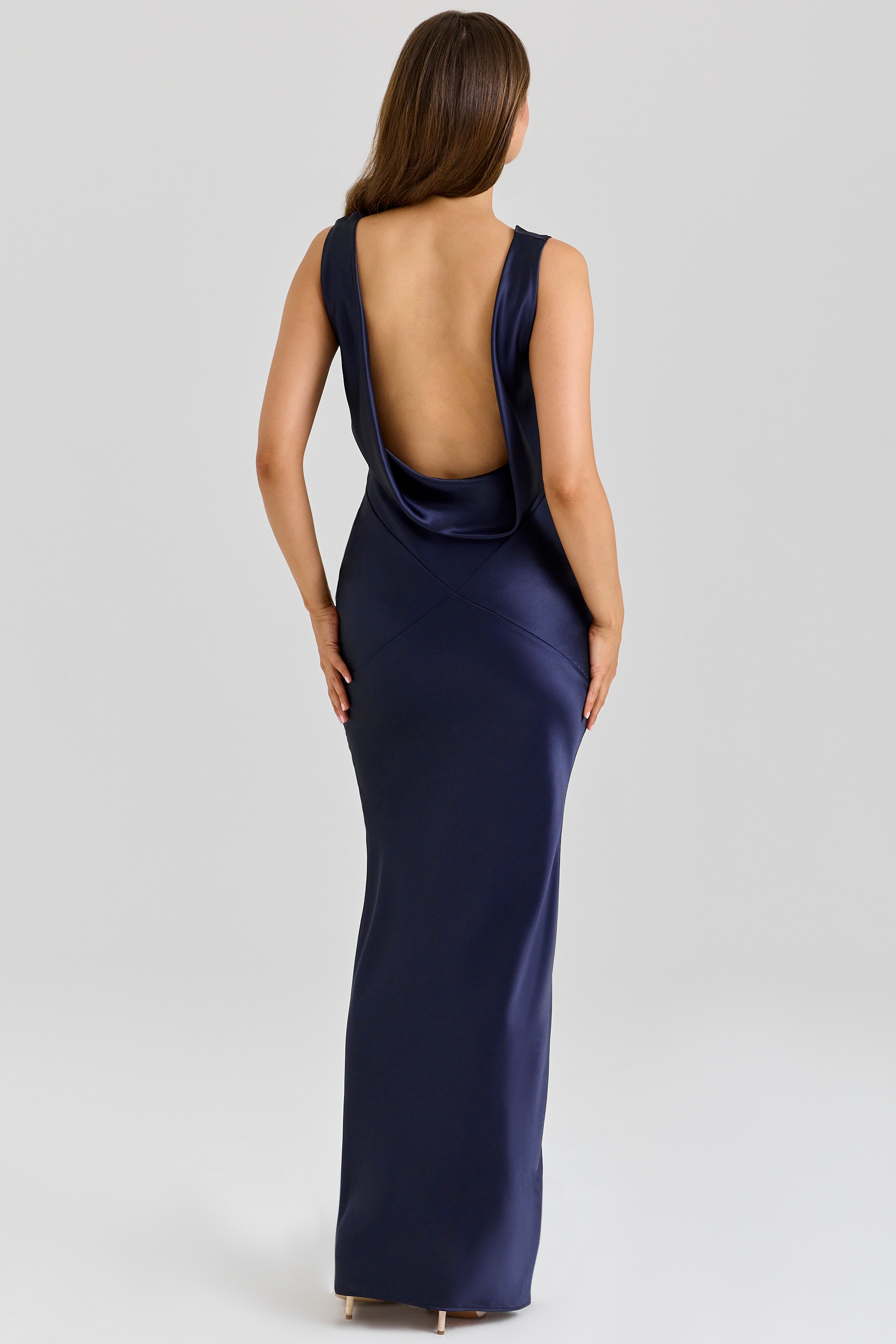 navy satin draped cowl neck maxi dress