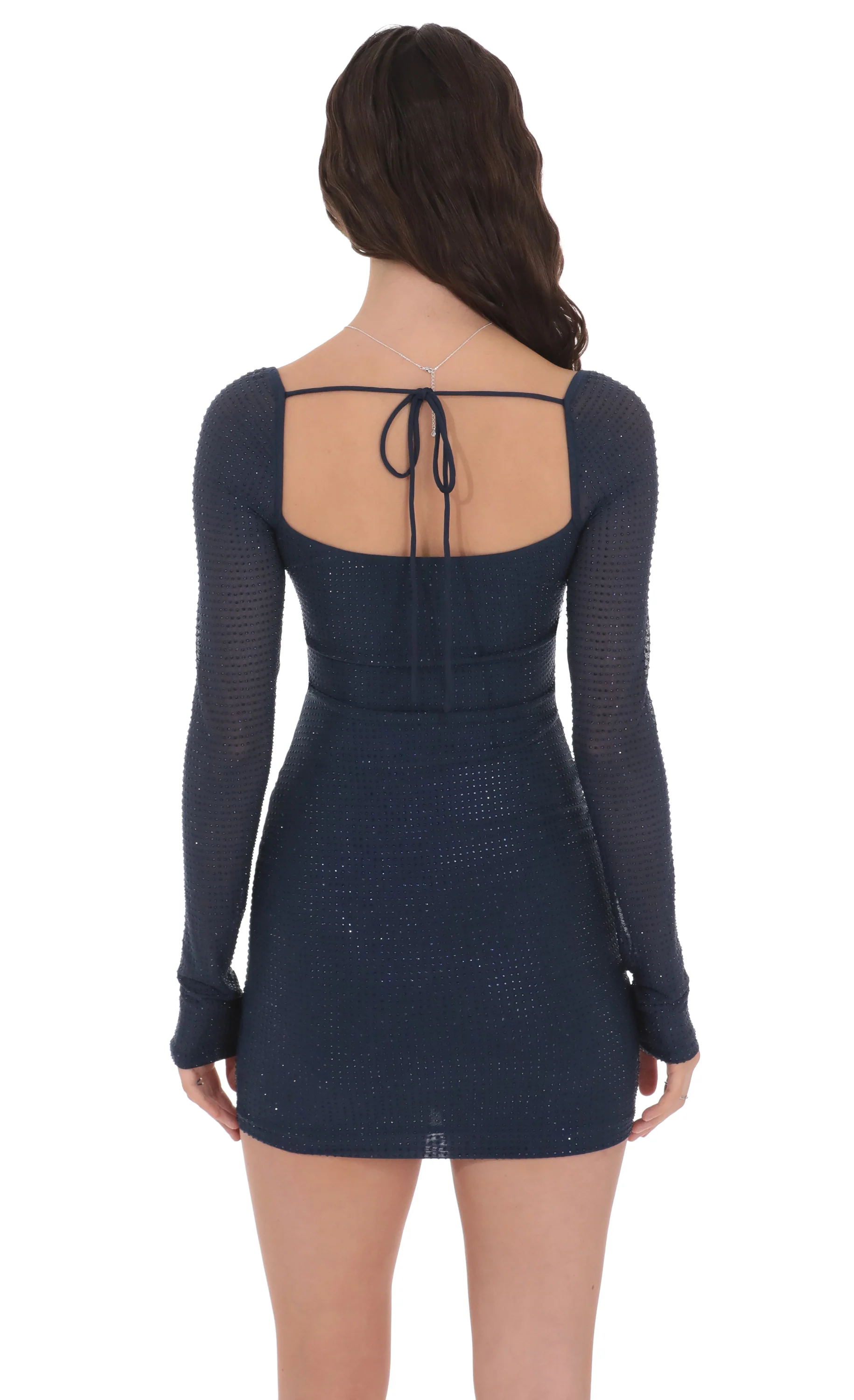 Rhinestone Long Sleeve Dress in Navy