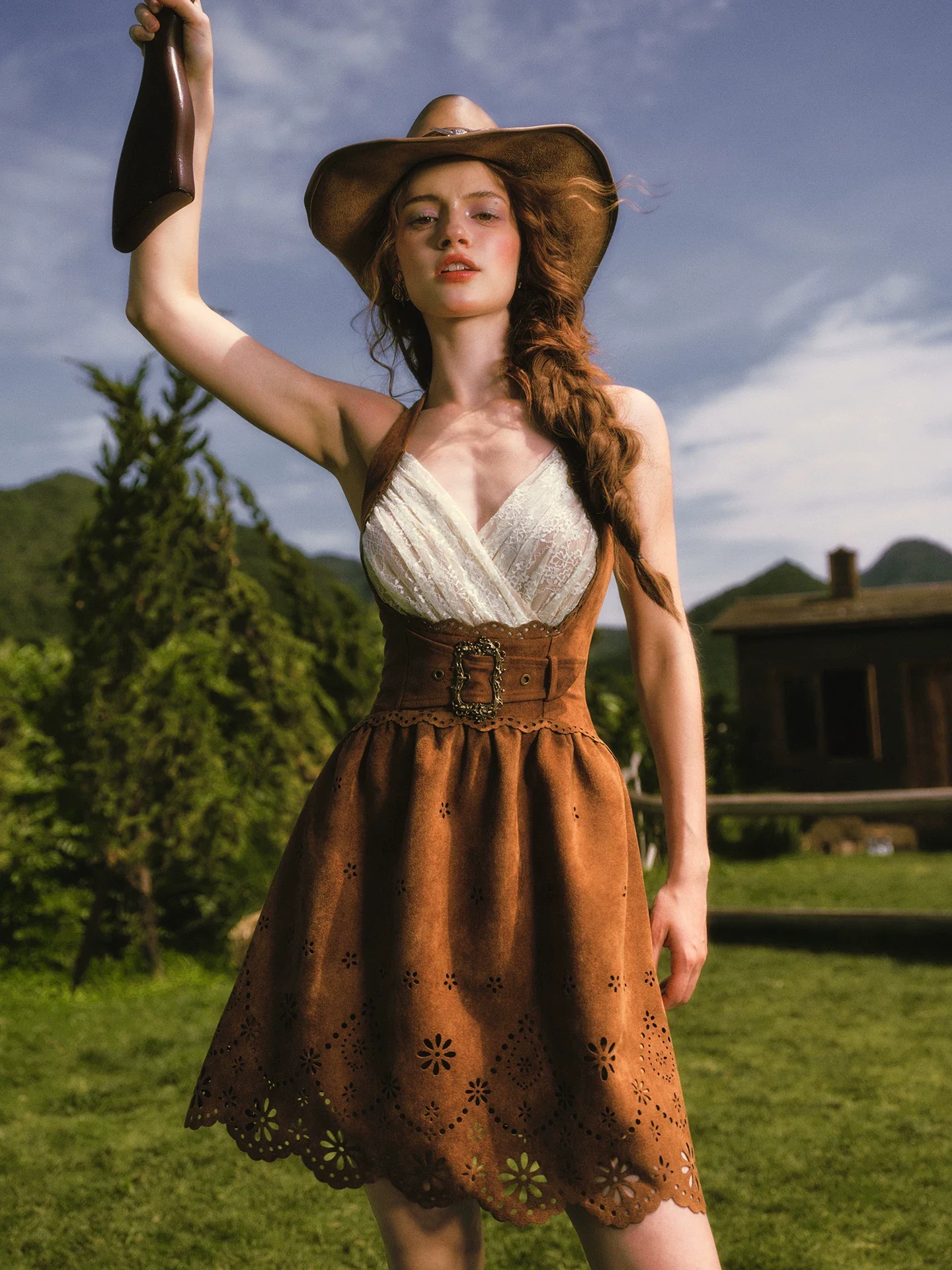 Laser-Cut Suede Lace Dress