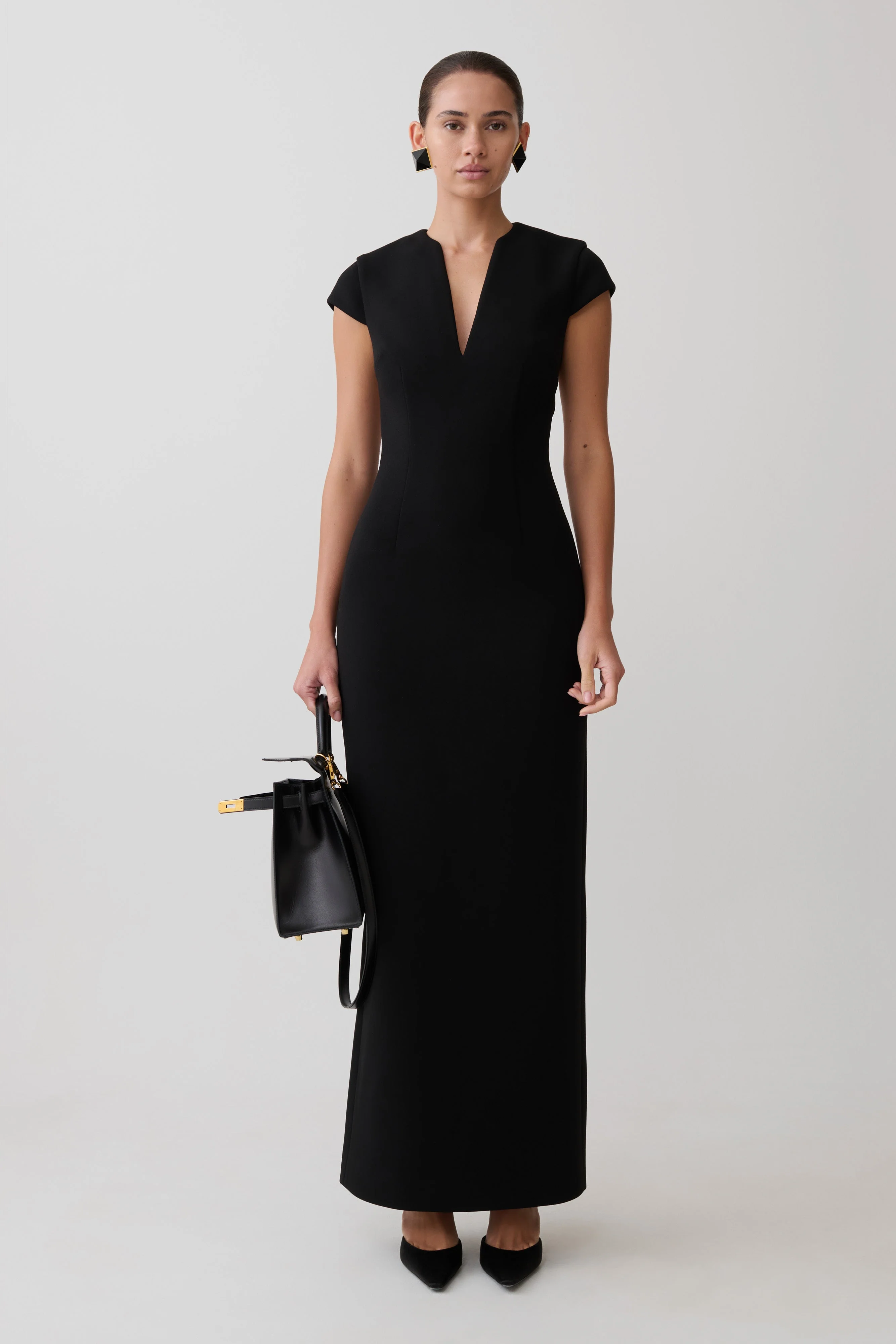 Briella V Neck Suiting Maxi Dress - Black