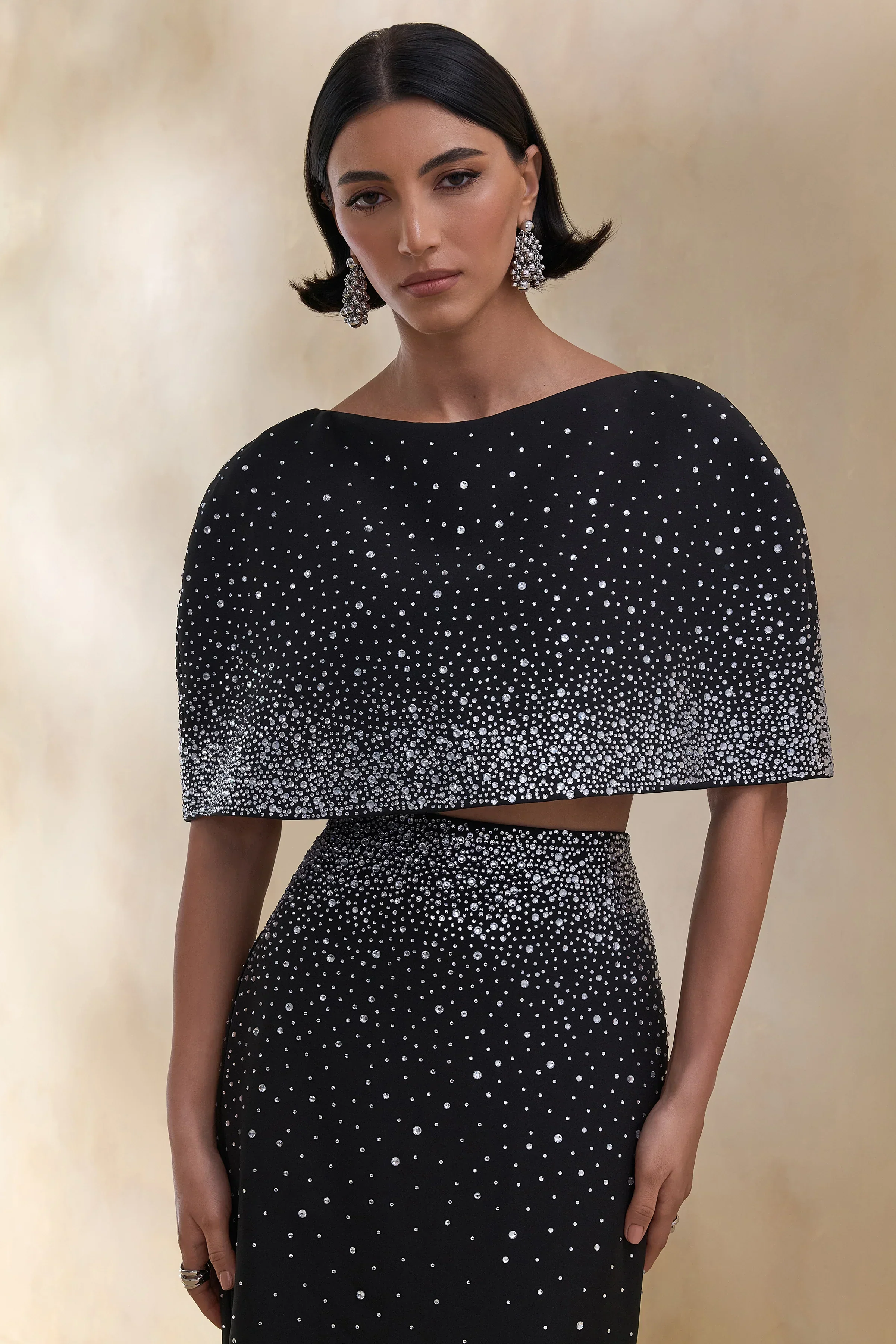 Luxy | Black Embellished Boat-Neck Crop-Top With Cape-Sleeves