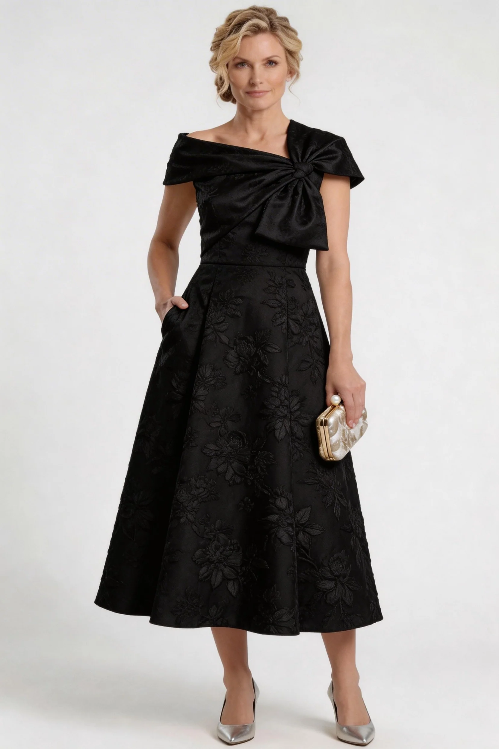 A-Line Tea Length Jacquard Mother of the Bride Dress CM0413