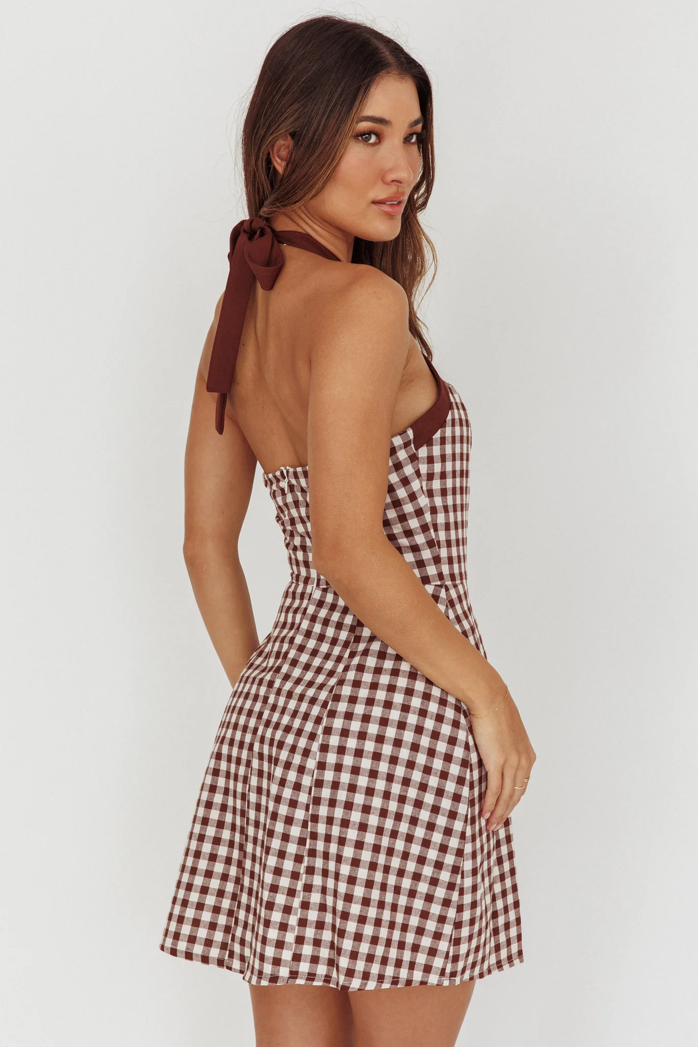 Lady Bow Halterneck Mini Dress Plaid Brown