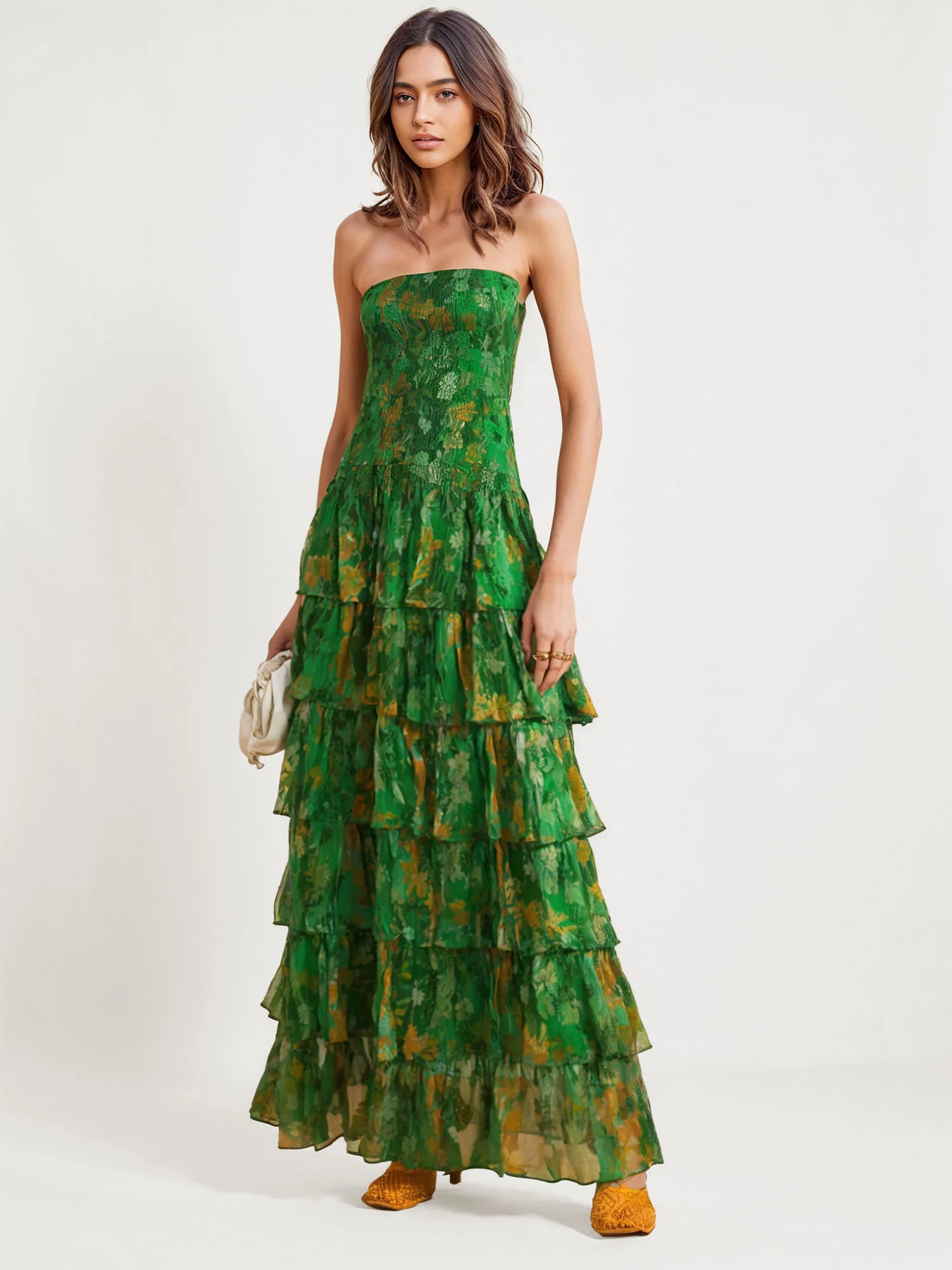 Tiered Green Floral Maxi Dress
