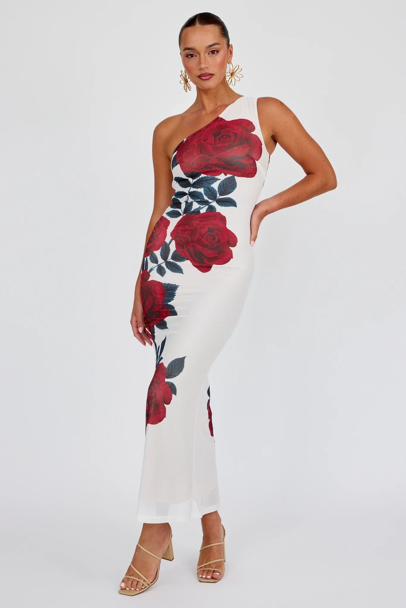 Desiree One Shoulder Mesh Maxi Dress Rose