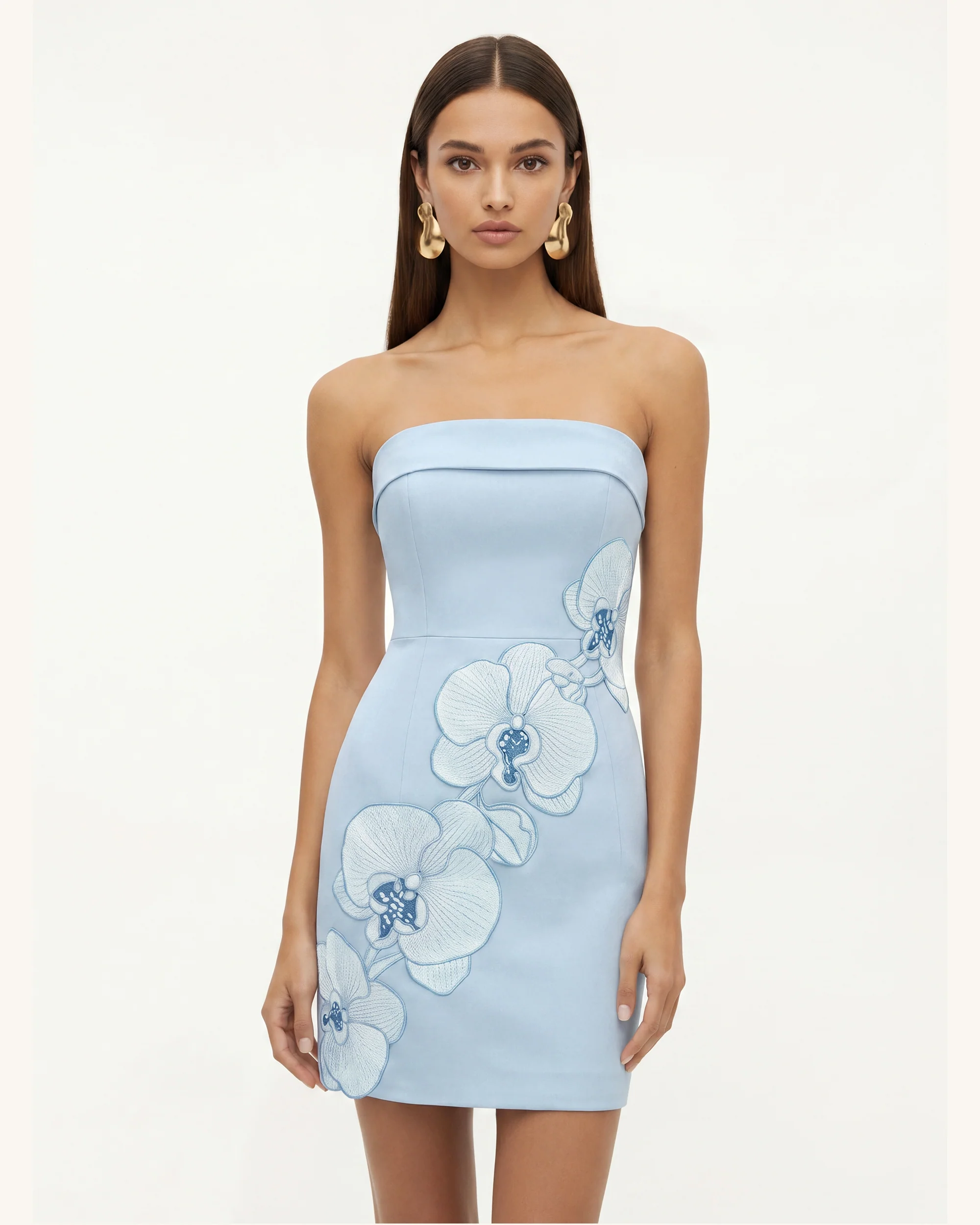 Orchid Embroidered Strapless Sheath Midi Dress - Light Blue